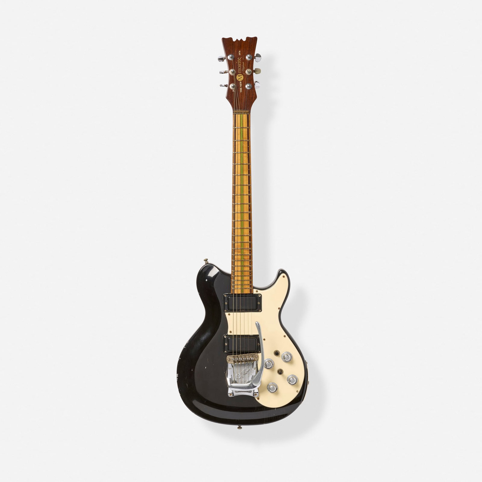 The New Mosrite of California, Brass Rail Solidbody Electric Guitar, 1976: The New Mosrite of California Brass Rail Solidbody Electric Guitar, 1976 Bakersfield, USA Set neck, Moseley vibrato, mono output, assembled by E.F. Elliott Finish: Black Serial number: 51 So