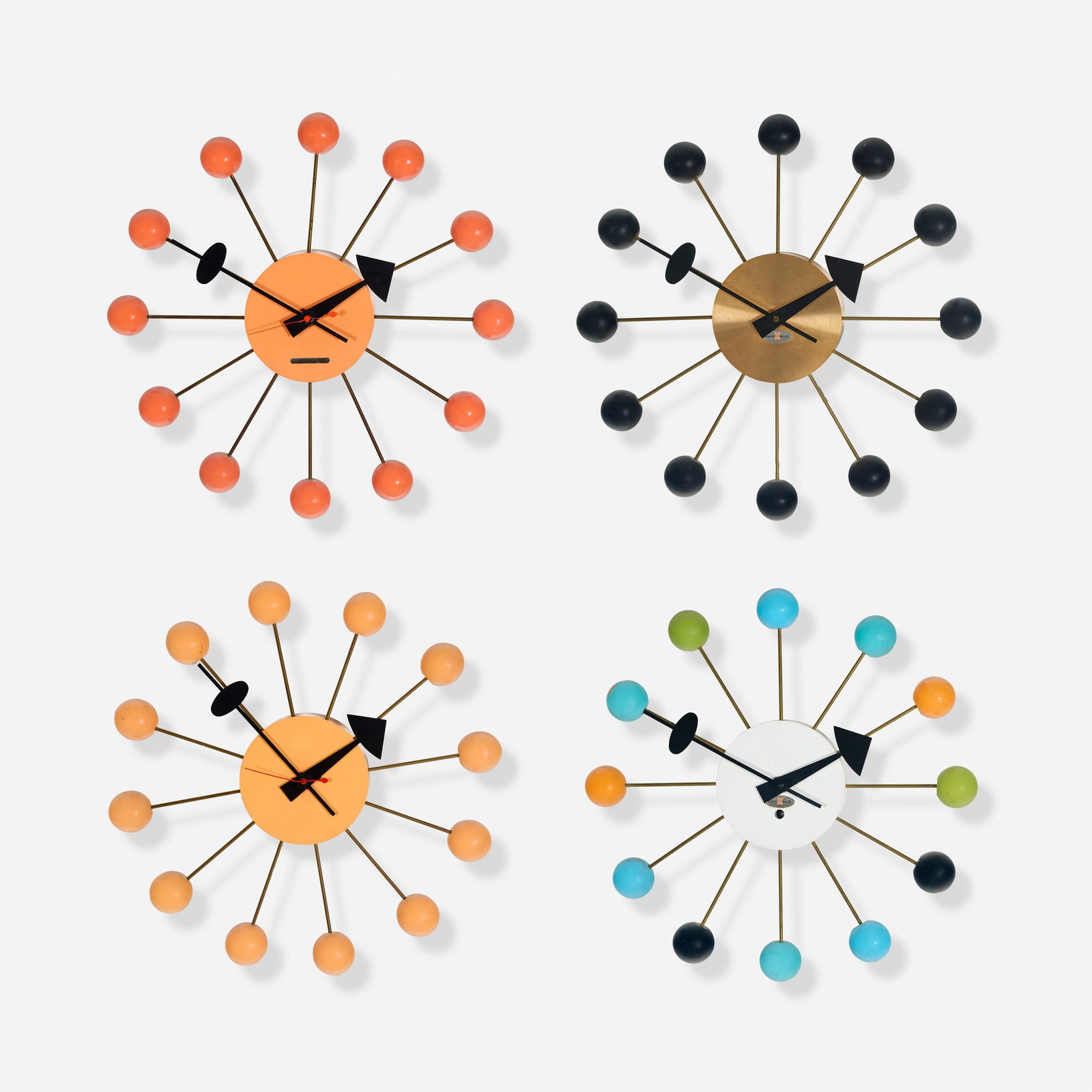 George Nelson & Associates, Ball wall clocks model 4755, set of four: George Nelson & Associates Ball wall clocks model 4755, set of four Howard Miller Clock Company USA enameled aluminum, lacquered wood, brass 2.5 h x 13.25 dia in (6 x 34 cm) Decal manufact