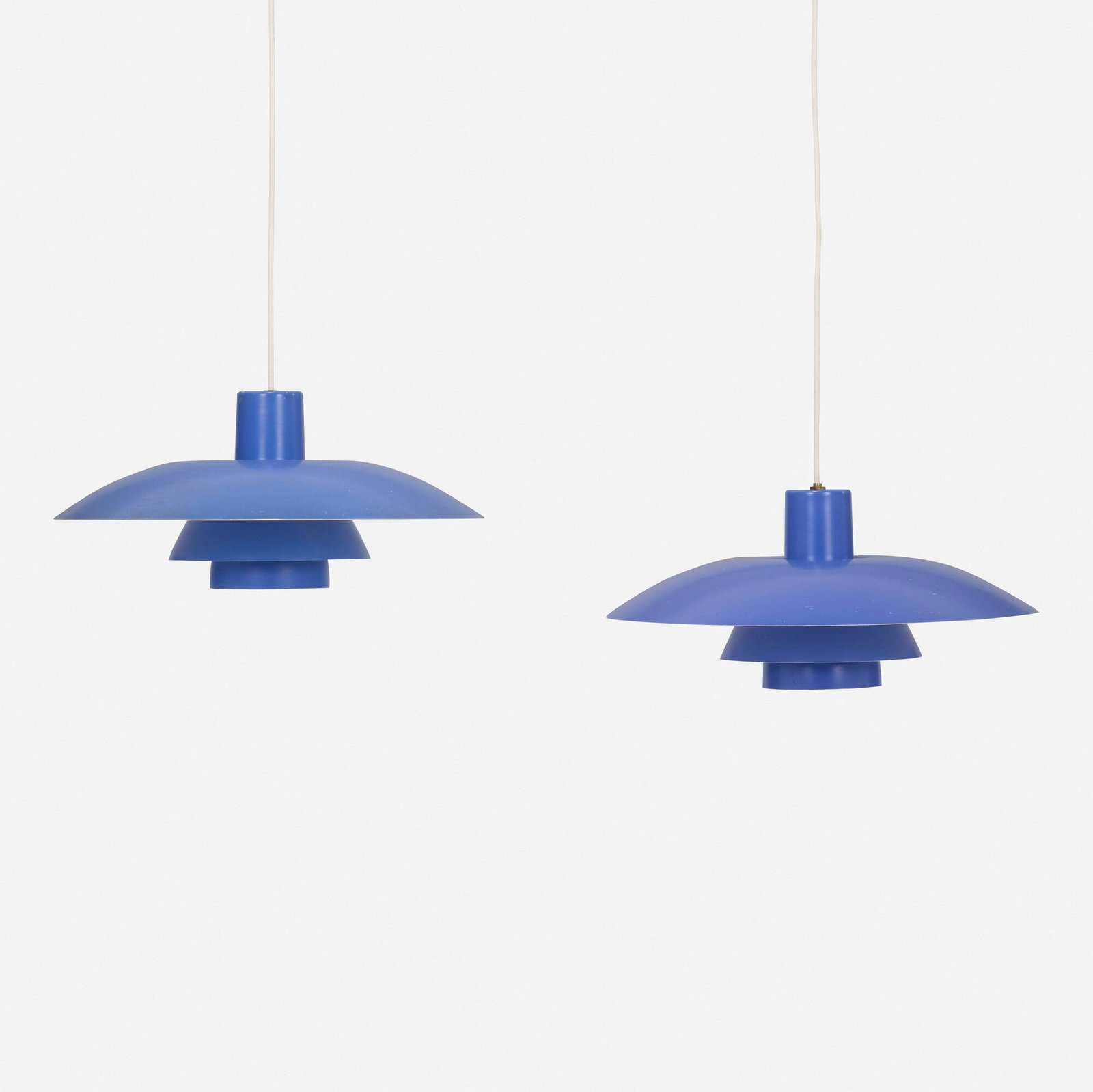 Poul Henningsen, PH 4/3 pendant lamps, pair: Poul Henningsen PH 4/3 pendant lamps, pair Louis Poulsen Denmark, 1927 / c. 1975 lacquered aluminum 7.375 h x 16 dia in (19 x 41 cm) Paper manufacturer's label to interior of one exam
