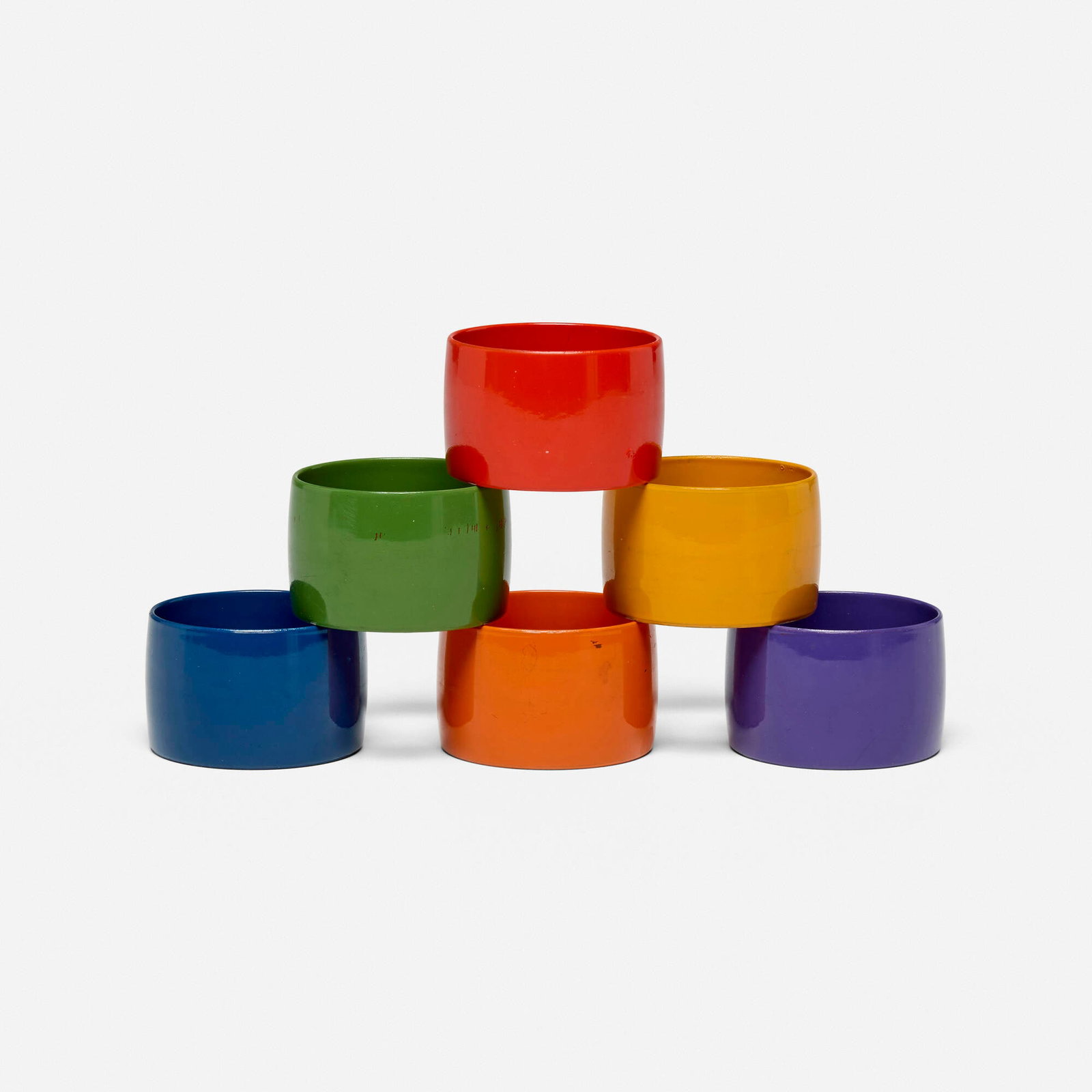 Modern, Napkin rings, set of six: Modern Napkin rings, set of six c. 1975 lacquered fiberglass 1.25 h x 2 dia in (3 x 5 cm) This work will ship from Chicago, Illinois.
