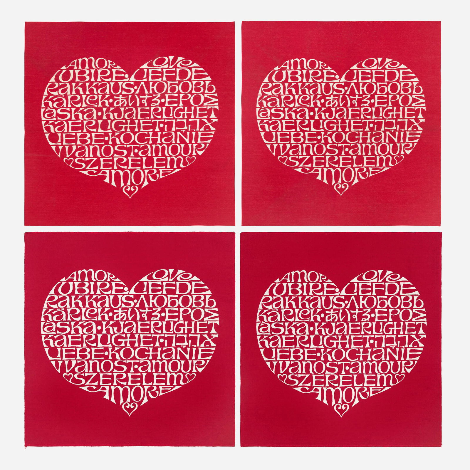 Alexander Girard, International Love Heart panels, set of four: Alexander Girard International Love Heart panels, set of four Herman Miller 1972 screenprint on acrylic/cotton blend 15.25 h x 15.75 w in (39 x 40 cm) Literature: Ale