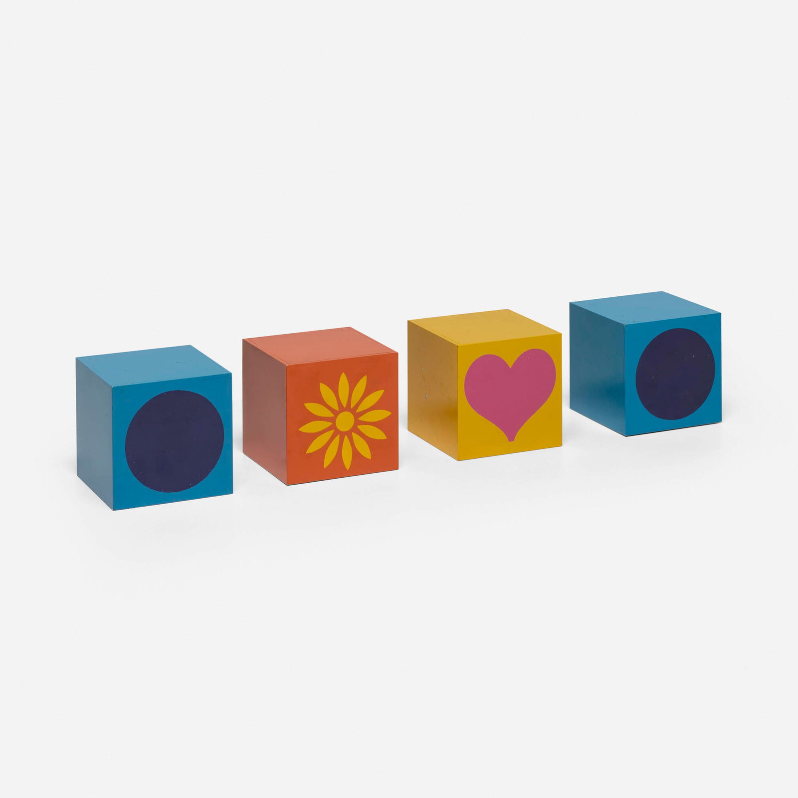 Bill Curry, Bookends, set of four: Bill Curry Bookends, set of four Design Line USA, c. 1970 enameled aluminum 4 h x 4 w x 4 d in (10 x 10 x 10 cm) Paper manufacturer's label to underside of each example 'Design L