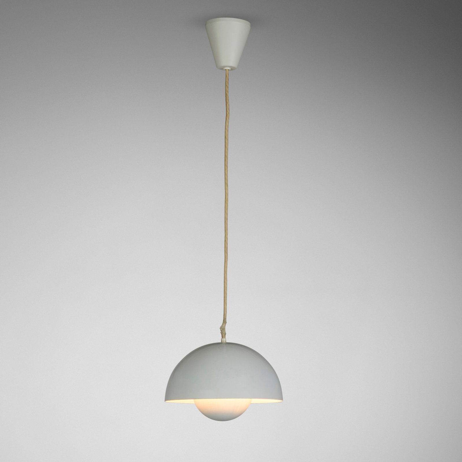Verner Panton, Flowerpot pendant lamp: Verner Panton Flowerpot pendant lamp Louis Poulsen Denmark, 1968 porcelain enameled steel, chrome-plated steel, plastic 5.75 h x 8.5 dia in (15 x 22 cm) Paper manufacturer's label to