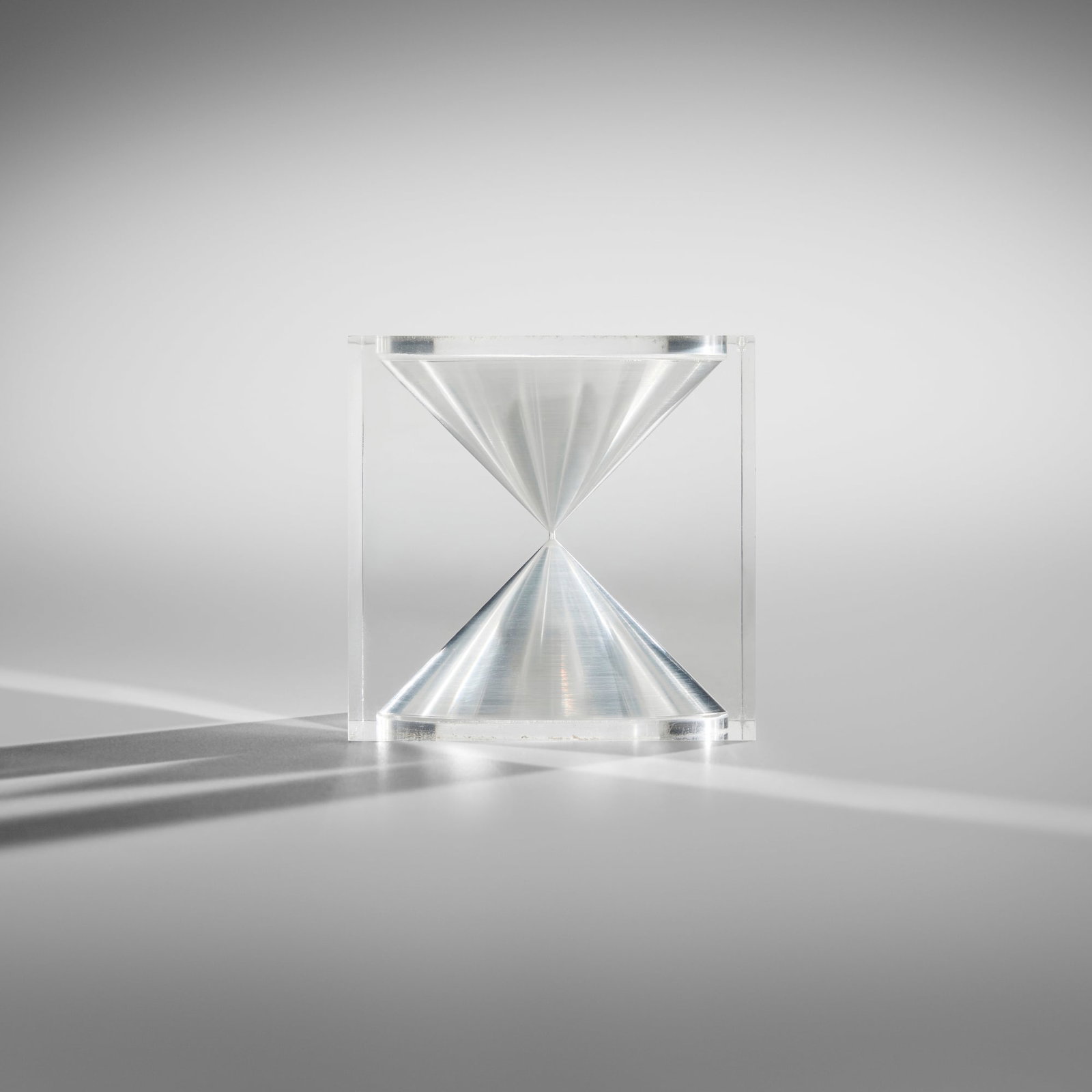 Tapio Wirkkala, Hourglass: Tapio Wirkkala Hourglass Vakumotuote Oy Finland, c. 1965 acrylic 3.125 h x 3.125 w x 3.125 d in (8 x 8 x 8 cm) Decal label to edge 'Hetkinen Lapselle Design Tapio Wirkkala'. <