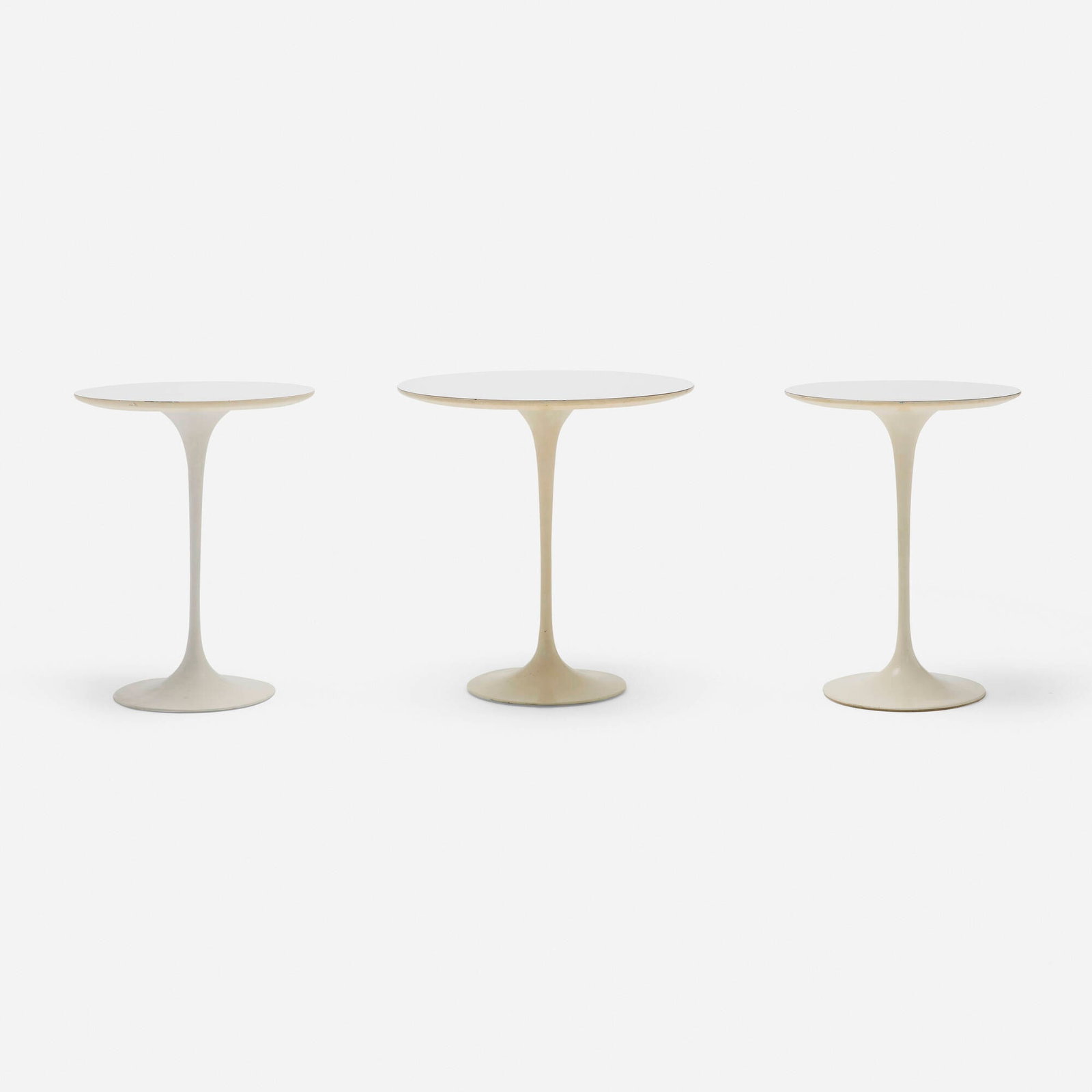 Eero Saarinen, Tulip occasional tables model 161F, set of three: Eero Saarinen Tulip occasional tables model 161F, set of three Knoll Associates USA, 1957 / c. 1965 laminate over wood, enameled aluminum and steel 20.5 h x 20 dia in (52 x 51 cm) 20.25 h x 16