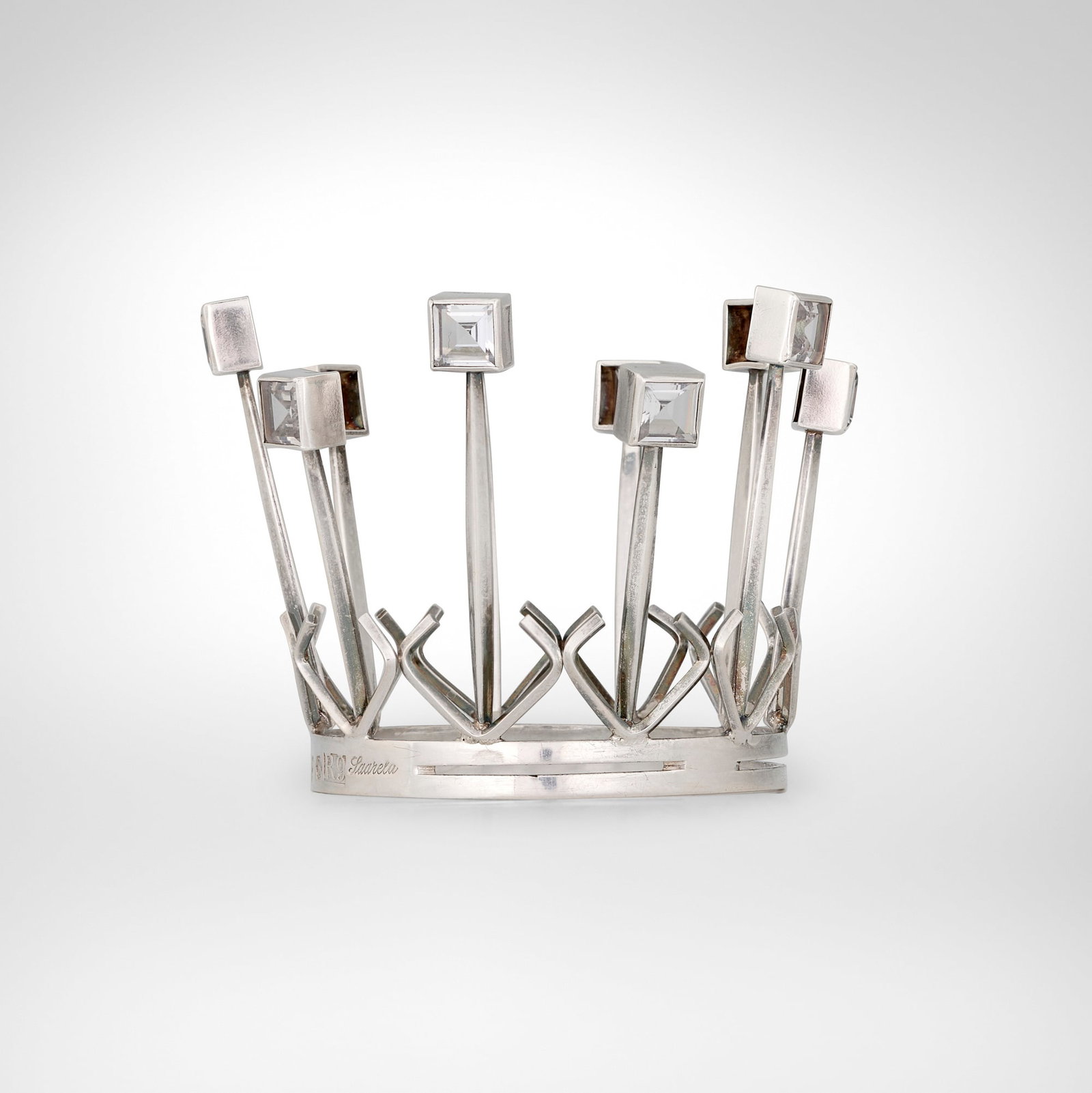 Arvo Saarela, Bridal crown: Arvo Saarela Bridal crown Sweden, 1967 sterling silver, crystal 2.5 h x 3 dia in (6 x 8 cm) Impressed maker's mark and touchmarks to edge 'Saarela'. This work