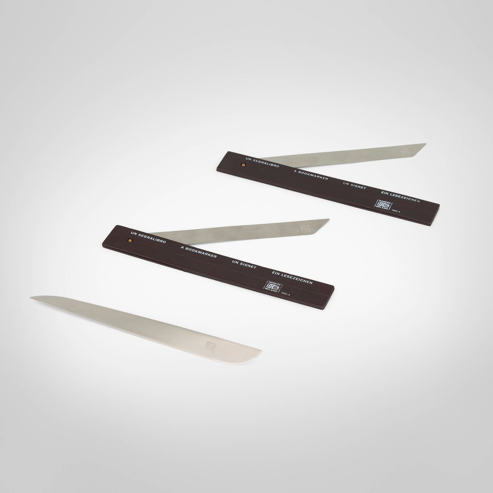 Danese, Bookmarks model 7001A, pair and letter opener: Danese Bookmarks model 7001A, pair and letter opener Italy, 1962, 1987 stainless steel, brass letter opener: 0.5 h x 0.75 w x 8.25 l in (1 x 2 x 21 cm) bookmark: 0.125 h x 0.875 w x 7.625 l in (0 x