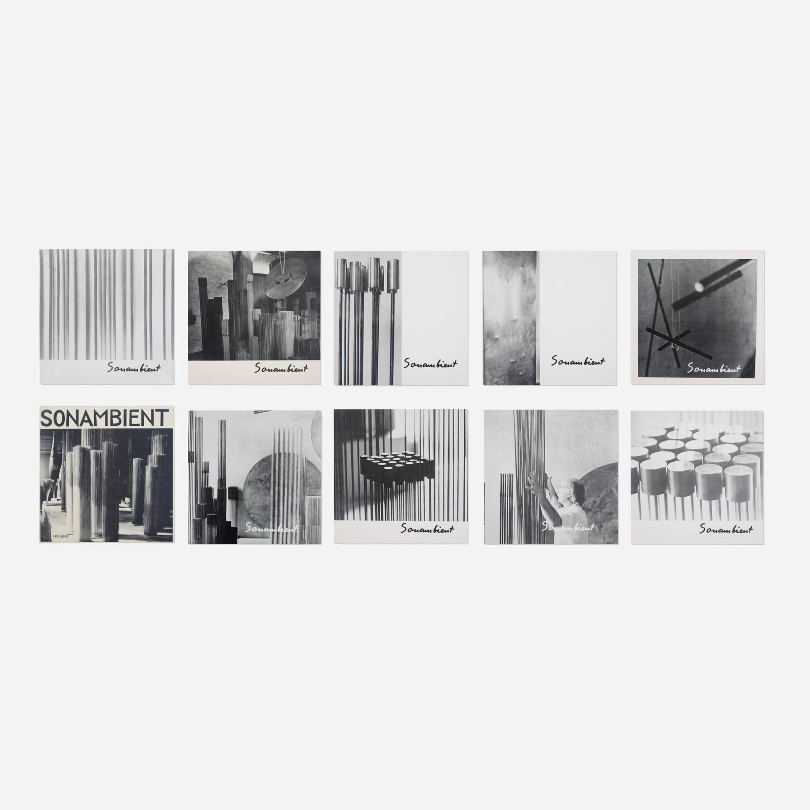 Harry Bertoia, Collection of ten Sonambient records: Harry Bertoia Collection of ten Sonambient records USA, 1970-78 Offset color lithograph, vinyl 12.4 h x 12.5 w in (31 x 32 cm) Collection is comprised of Sonambient LPS 10570 (1970), Space Voyage /