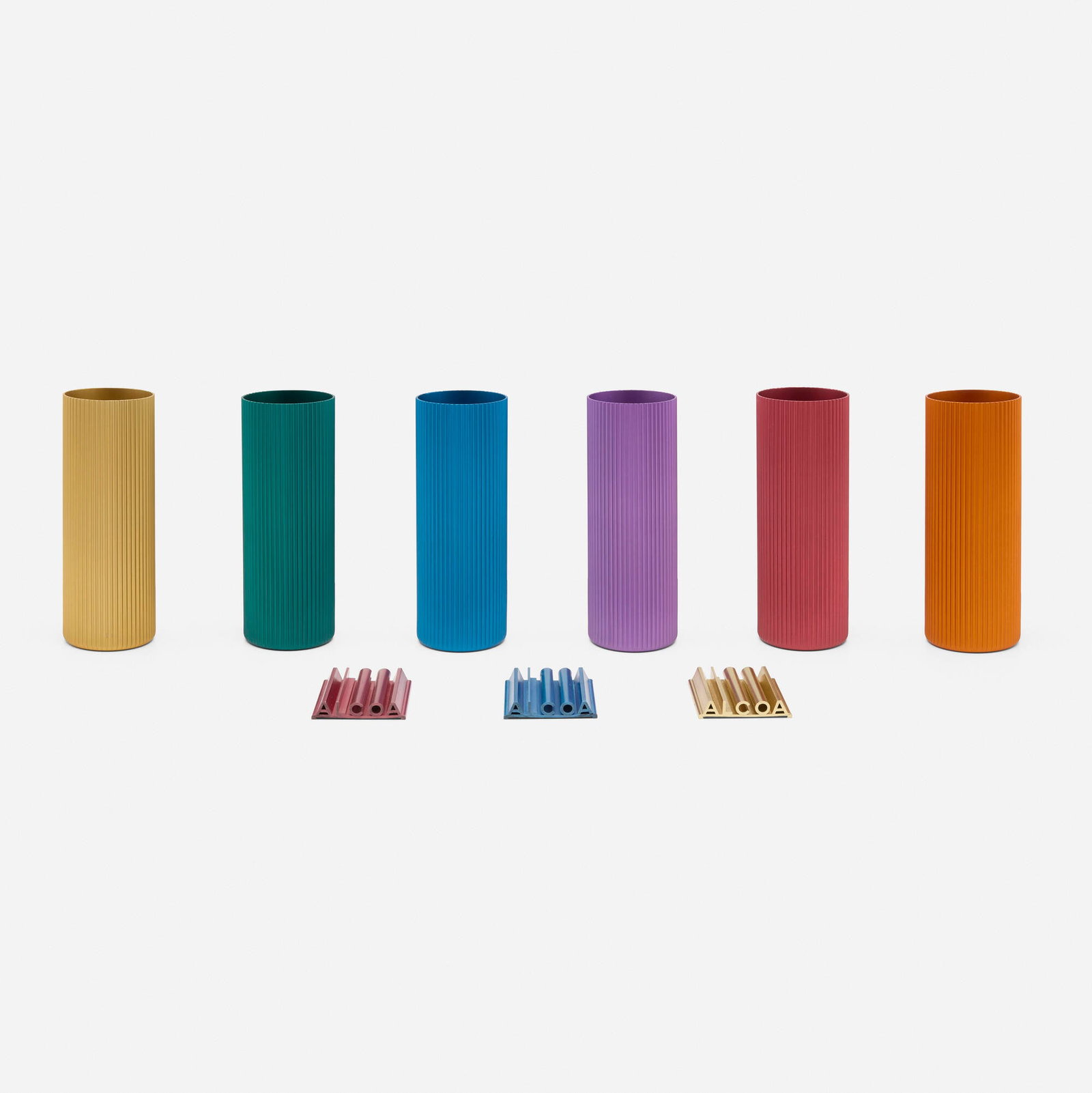 Alcoa, Collection of vases and display signs: Alcoa Collection of vases and display signs USA, 1959 anodized aluminum 8.75 h x 3 dia in (22 x 8 cm) 0.5 h x 2.75 w x 3 d in (1 x 7 x 8 cm) These vases were created for Alcoa's 1959