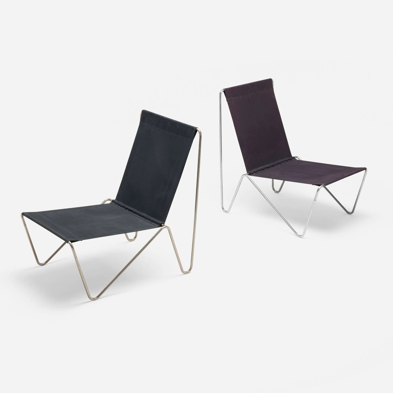 Verner Panton, Bachelor chairs model 3351, pair: Verner Panton Bachelor chairs model 3351, pair Fritz Hansen Denmark, 1955 chrome-plated steel, nickel-plated steel, cotton upholstery 29.25 h x 20.75 w x 29 d in (74 x 53 x 74 cm) Fabric m