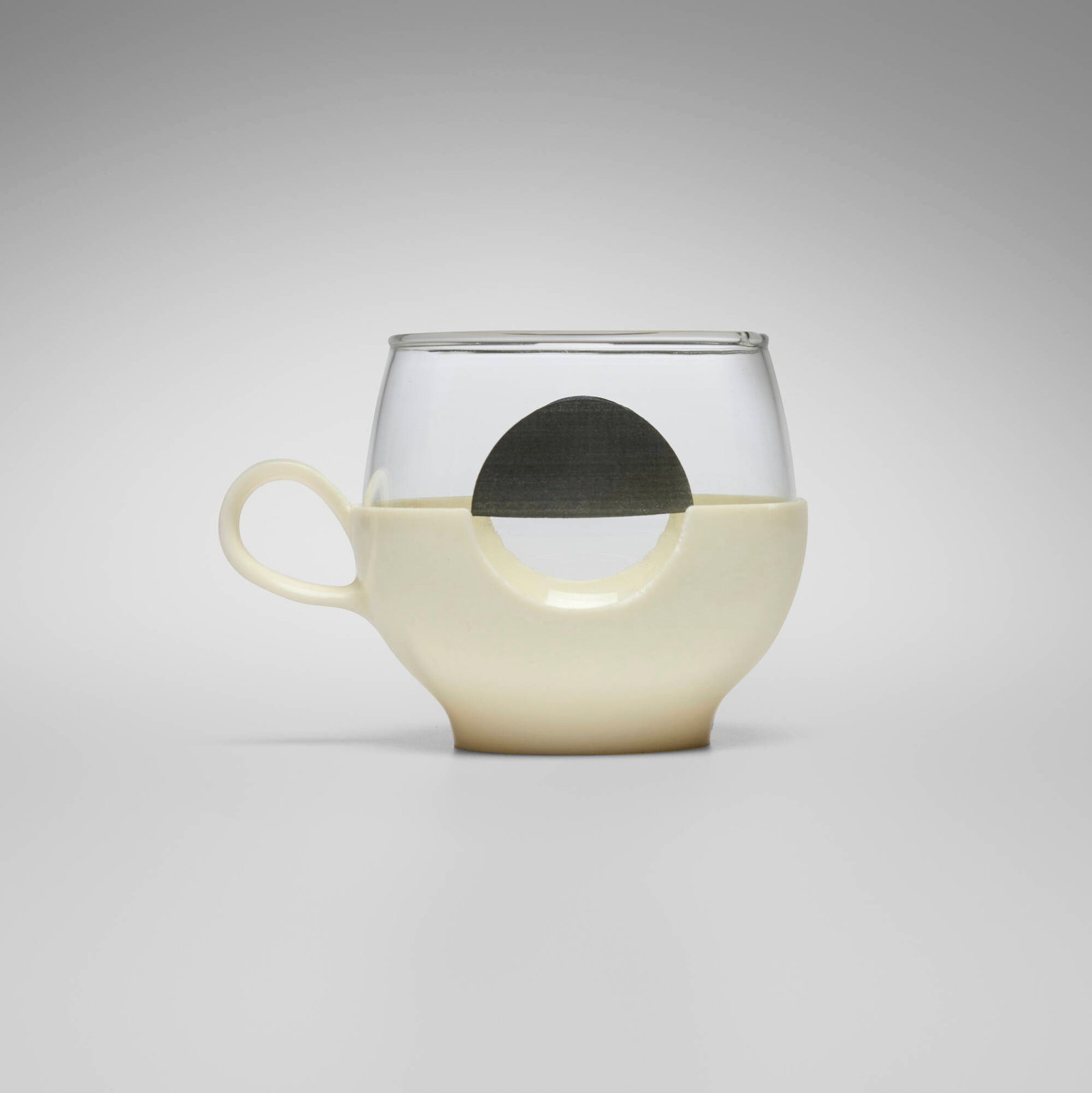 Pyrex, Roly Poly cup: Pyrex Roly Poly cup Corning Glass Works USA, c. 1965 screenprint on Pyrex, plastic 3.125 h x 3.375 w x 4.5 d in (8 x 9 x 11 cm) Cup features a removable handled base. Molded manufacturer's mark