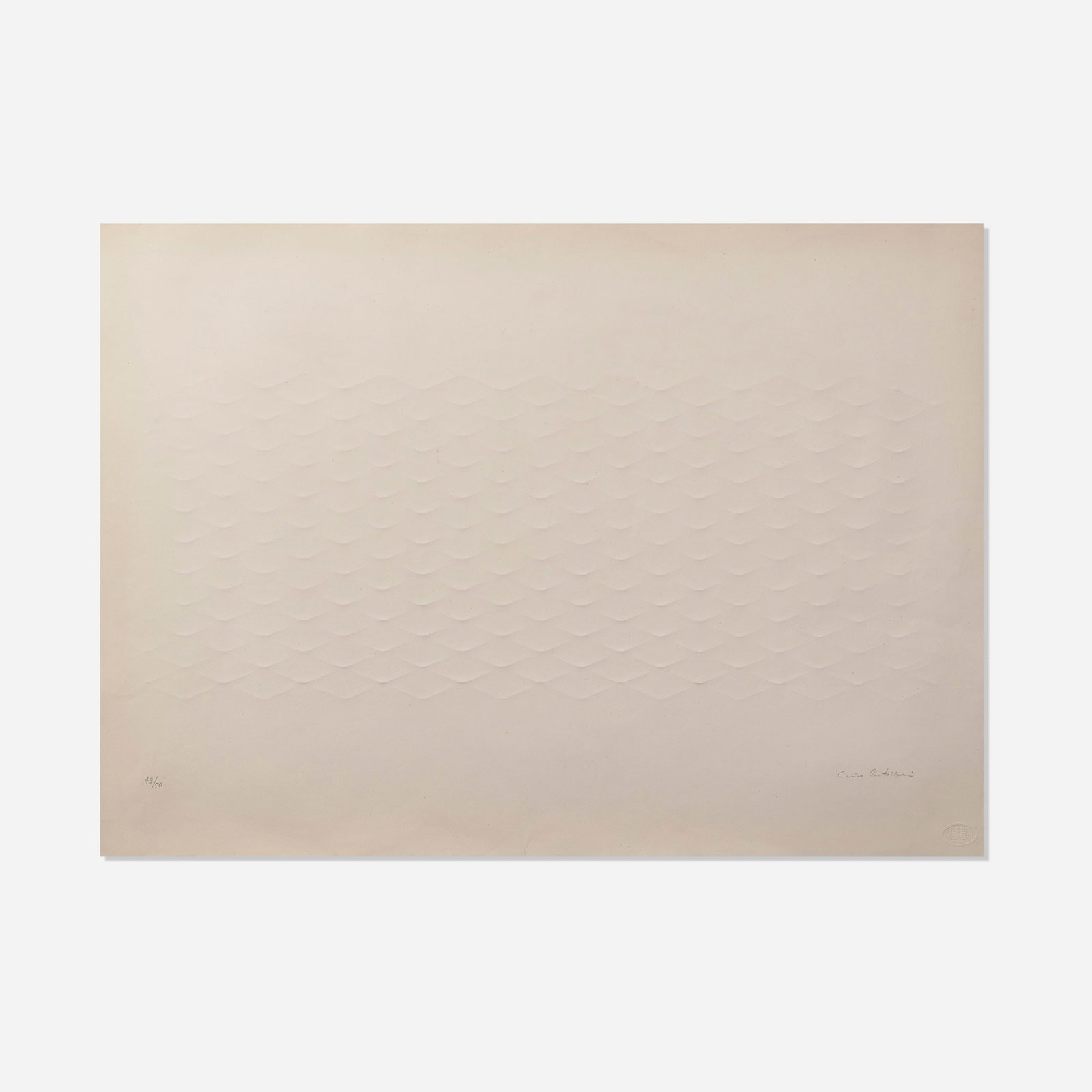 Enrico Castellani, Untitled: Enrico Castellani Untitled embossed Fabriano image: 10.5 h x 23.125 w in (27 x 59 cm) sheet: 34.75 h x 30 w in (88 x 76 cm) Signed and numbered to lower center edge '49/50 Enrico