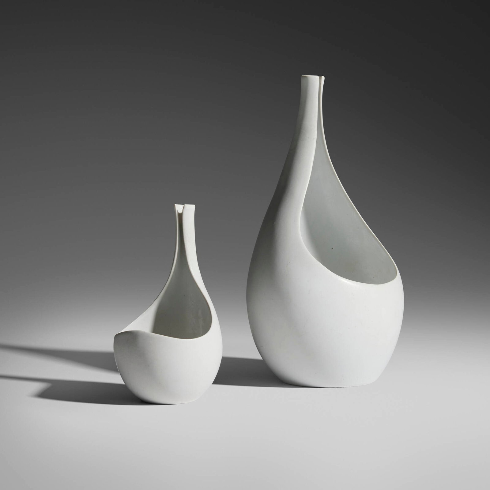 Stig Lindberg, Pungo vases, set of two: Stig Lindberg Pungo vases, set of two Gustavsberg Sweden, 1953 glazed stoneware 9.5 h x 5.125 w x 4.75 d in (24 x 13 x 12 cm) 5.625 h x 3 w x 3.125 d in (14 x 8 x 8 cm) Set is comprised