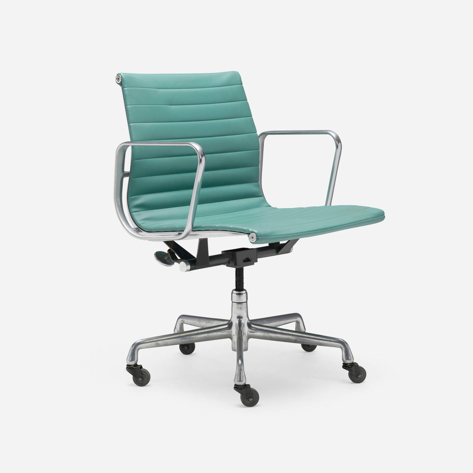 Charles and Ray Eames, Aluminum Group office chair: Charles and Ray Eames Aluminum Group office chair Herman Miller USA, 1958 / 2009 aluminum, vinyl upholstery 34 h x 26 dia in (86 x 66 cm) Paper manufacturer's label to underside '
