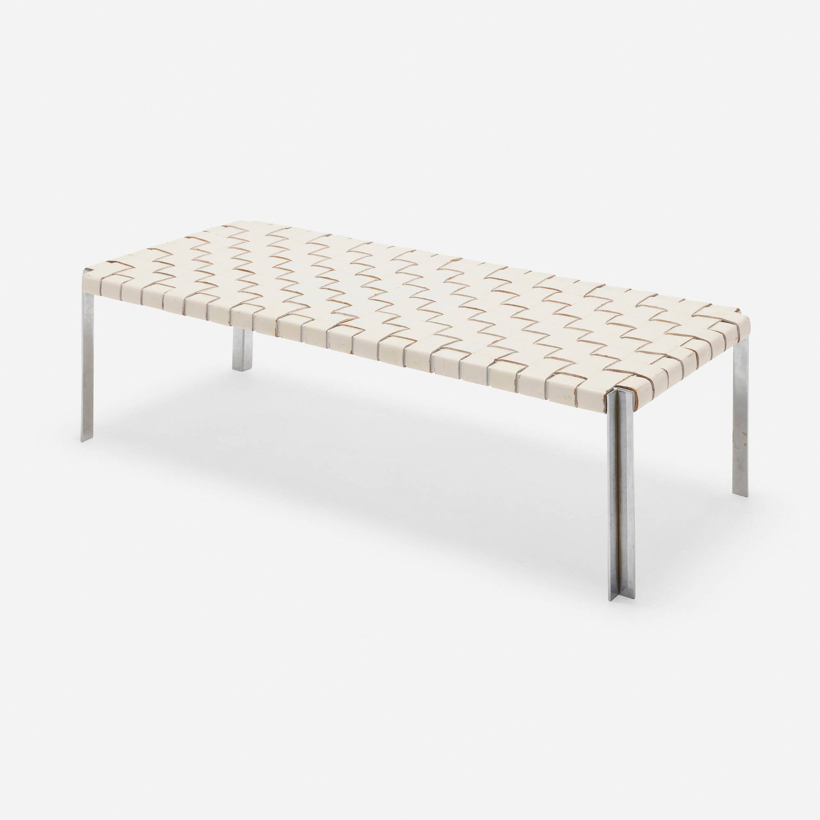 Erwine and Estelle Laverne, Bench: Erwine and Estelle Laverne Bench Laverne Originals USA, c. 1955 leather webbing, chrome-plated steel 14 h x 49 w x 20.75 d in (36 x 124 x 53 cm) Literature: Modern Fur