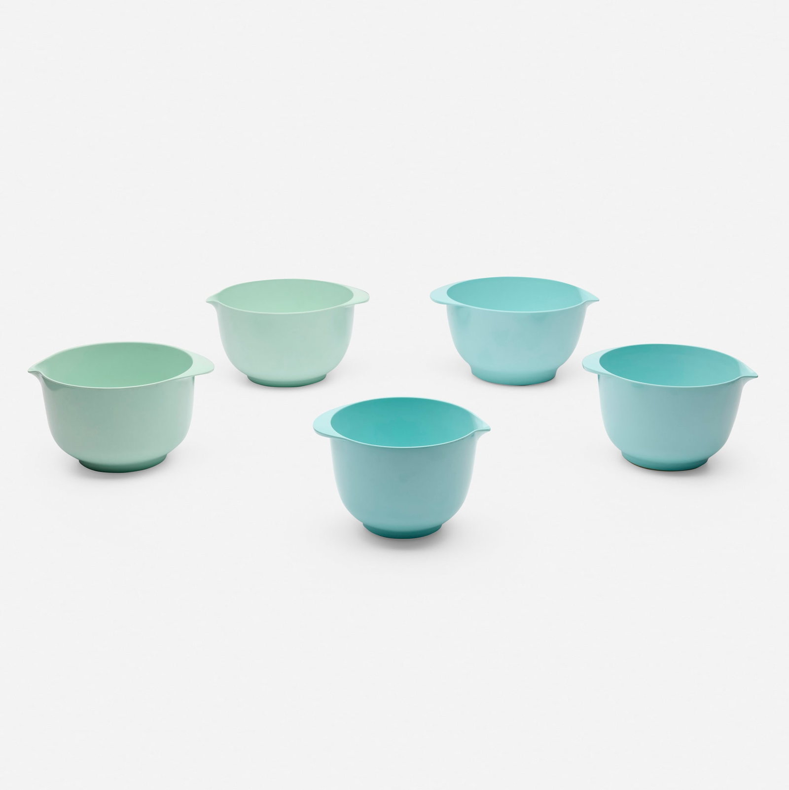 Rosti, Collection of five Margrethe mixing bowls: Rosti Collection of five Margrethe mixing bowls Denmark, 1954 / produced later melamine, plastic largest: 5 h x 9.5 dia in (13 x 24 cm) smallest: 4.75 h x 7.5 dia in (12 x 19 cm) Molded manu