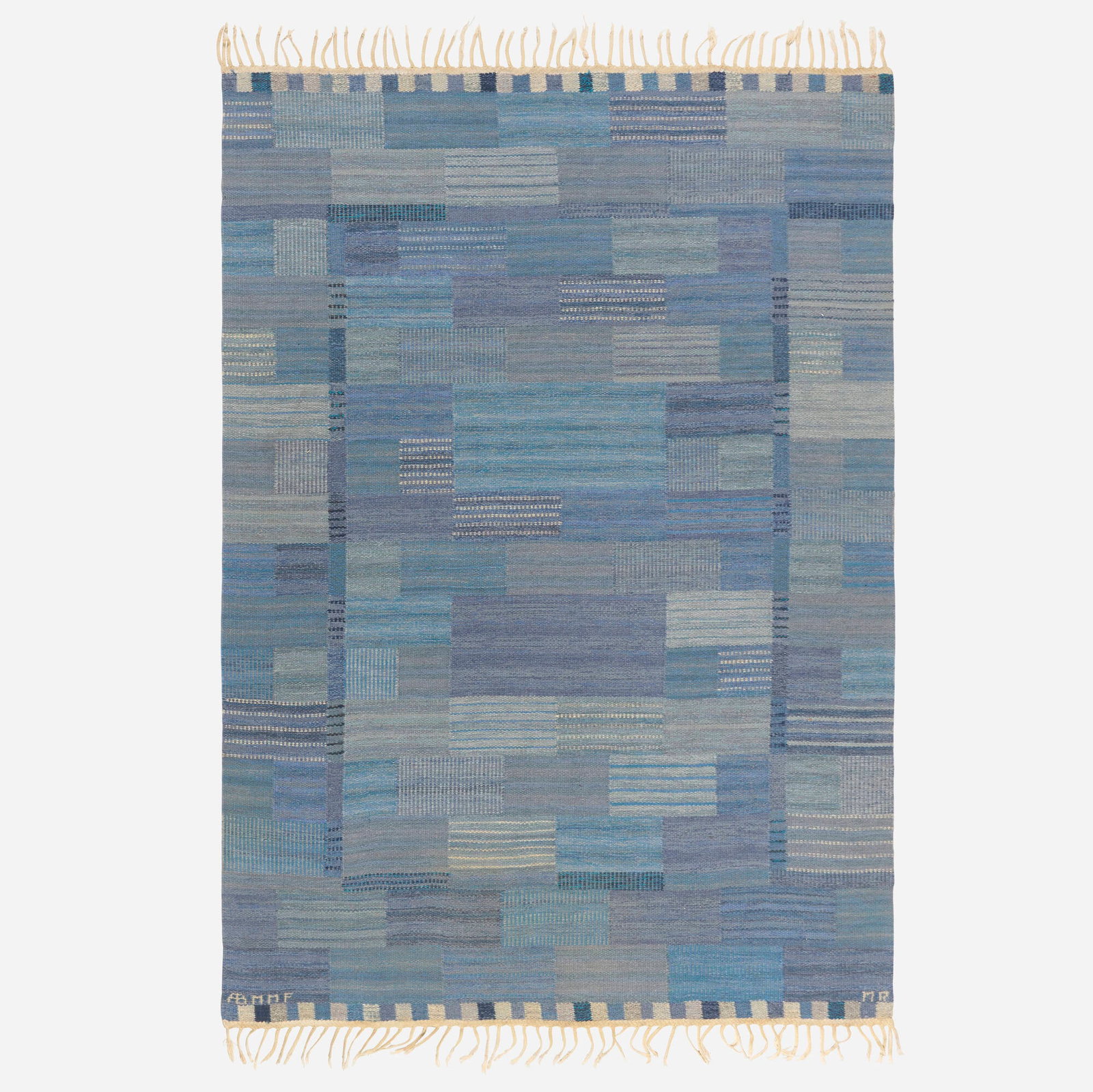 Marianne Richter, Flatweave carpet: Marianne Richter Flatweave carpet Marta Maas-Fjetterstrom AB Sweden, c. 1945 hand-woven wool 7'6" x 5'2" in (229 x 157 cm) Woven signature to corners 'AB MMF MR'.