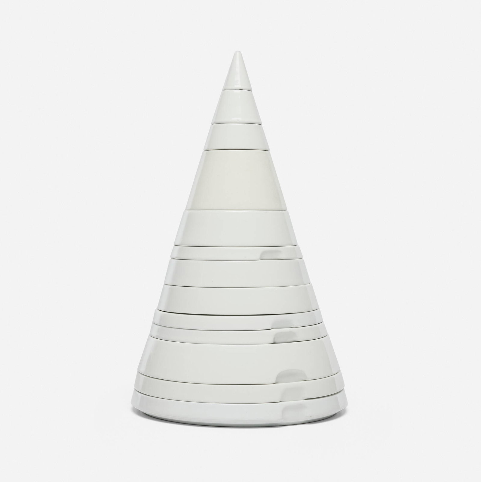 Pierre Cardin, Cone service set: Pierre Cardin Cone service set Ceramica Franco Pozzi France, c. 1969 glazed porcelain largest: 2 h x 9 dia in (5 x 23 cm) smallest: 2 h x 1.5 dia in (5 x 4 cm) Set is comprised of of on