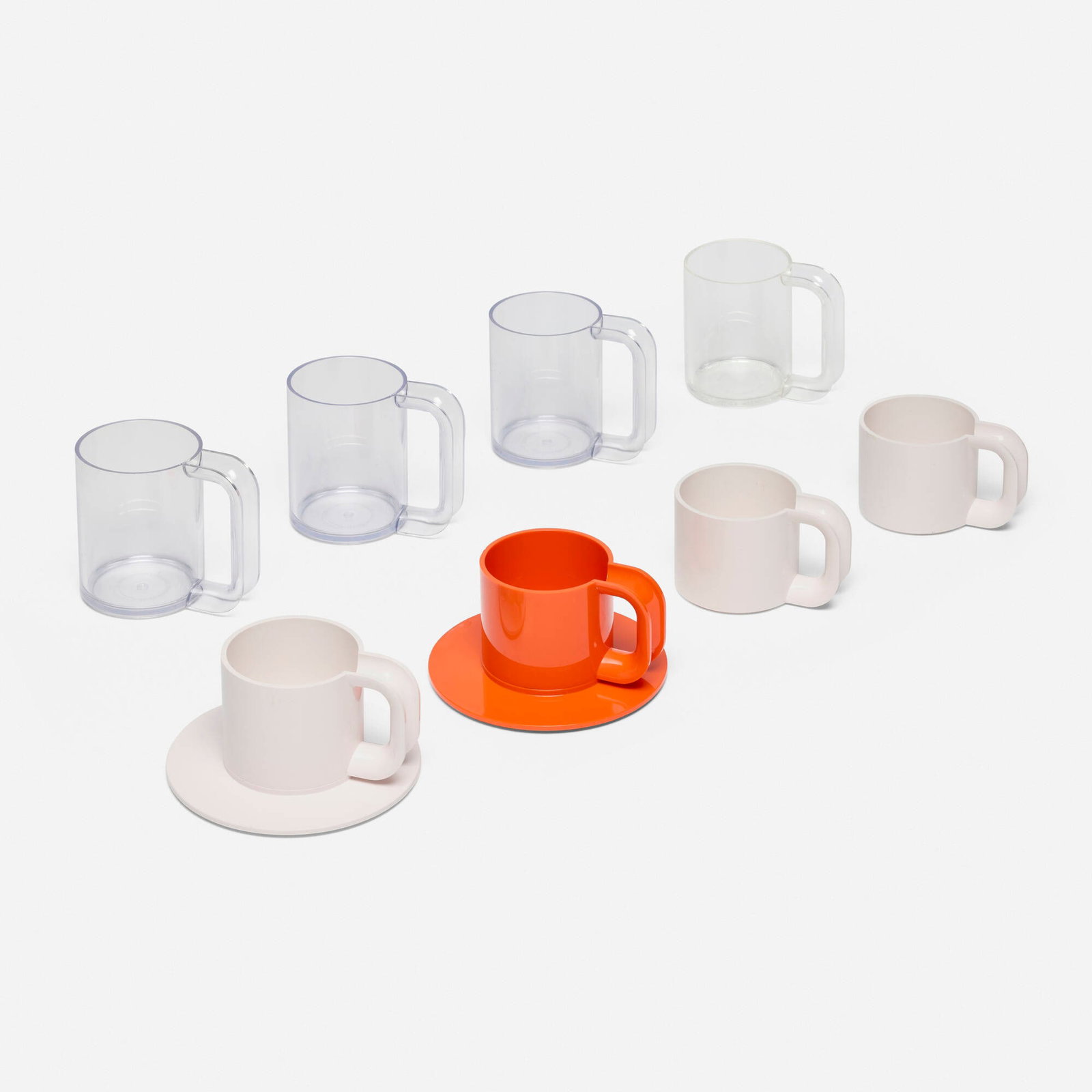 Lella and Massimo Vignelli, Collection of Max mugs and saucers: Lella and Massimo Vignelli Collection of Max mugs and saucers Heller Italy, 1964 / after 1971 melamine maxmug: 4 h x 3.125 w x 4.5 d in (10 x 8 x 11 cm) max 2 mug : 2.75 h x 3.125 w x 4.5 d in