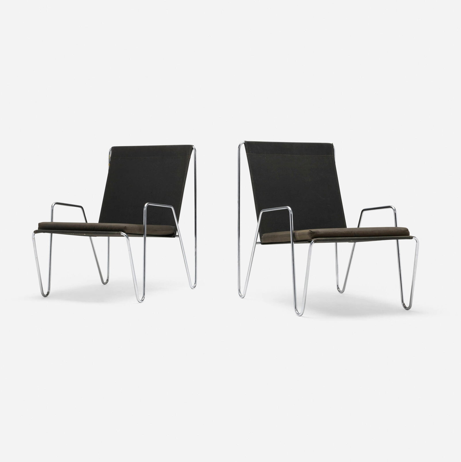 Verner Panton, Bachelor chairs model 3351, pair: Verner Panton Bachelor chairs model 3351, pair Fritz Hansen Denmark, 1955 chrome-plated steel, upholstery 29.25 h x 20.625 w x 28 d in (74 x 52 x 71 cm) Fabric manufacturer's label to