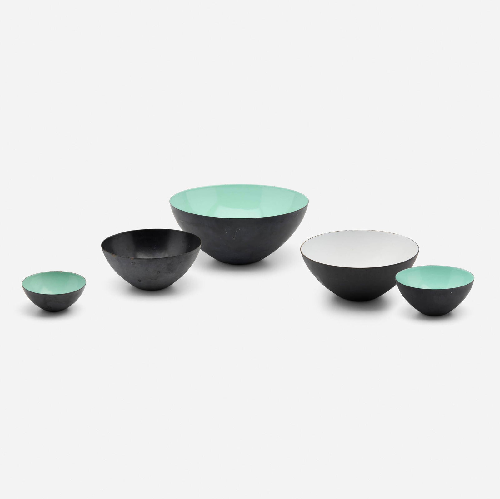 Herbert Krenchel, Krenit bowls, set of five: Herbert Krenchel Krenit bowls, set of five Torben Orskov & Co. Denmark, 1956 enameled steel largest: 4.25 h x 10 dia in (11 x 25 cm) smallest: 1.5 h x 3.5 dia in (4 x 9 cm) Stamped manu