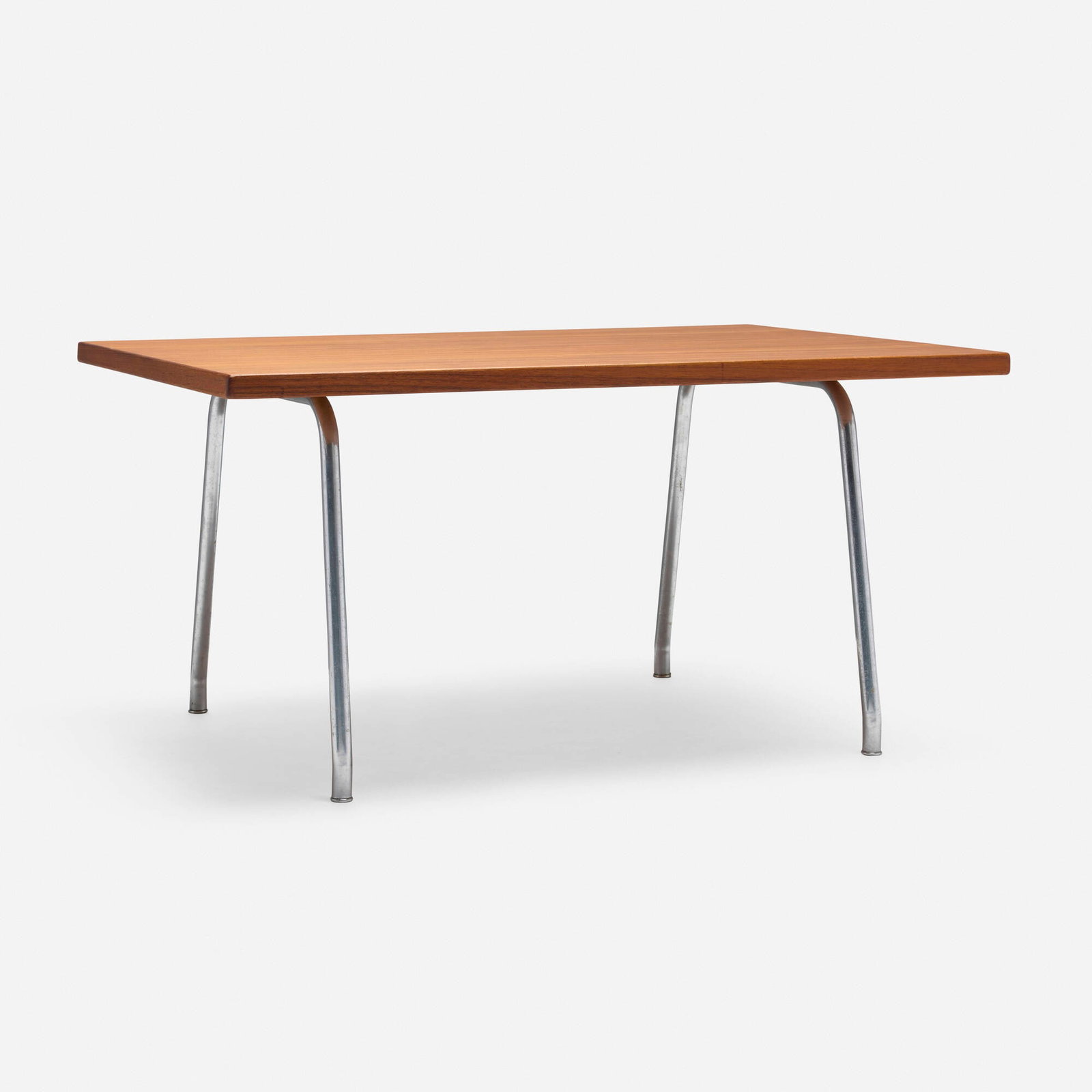 Hans J. Wegner, Coffee table, model AT 12: Hans J. Wegner Coffee table, model AT 12 Andreas Tuck Denmark, 1950 / 1965 teak, chrome-plated steel 17.5 h x 33.5 w x 23.75 d in (44 x 85 x 60 cm) Branded manufacturer's mark to unde