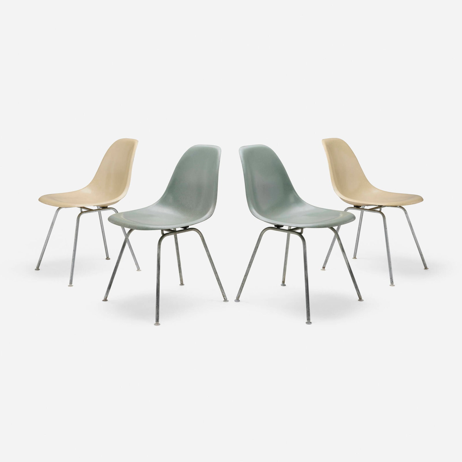 Charles and Ray Eames, DSXs, set of four: Charles and Ray Eames DSXs, set of four Herman Miller USA, 1950 / c. 1960 molded fiberglass, zinc-plated steel, plastic 31 h x 18.25 w x 21 d in (79 x 46 x 53 cm) Paper manufacturer's