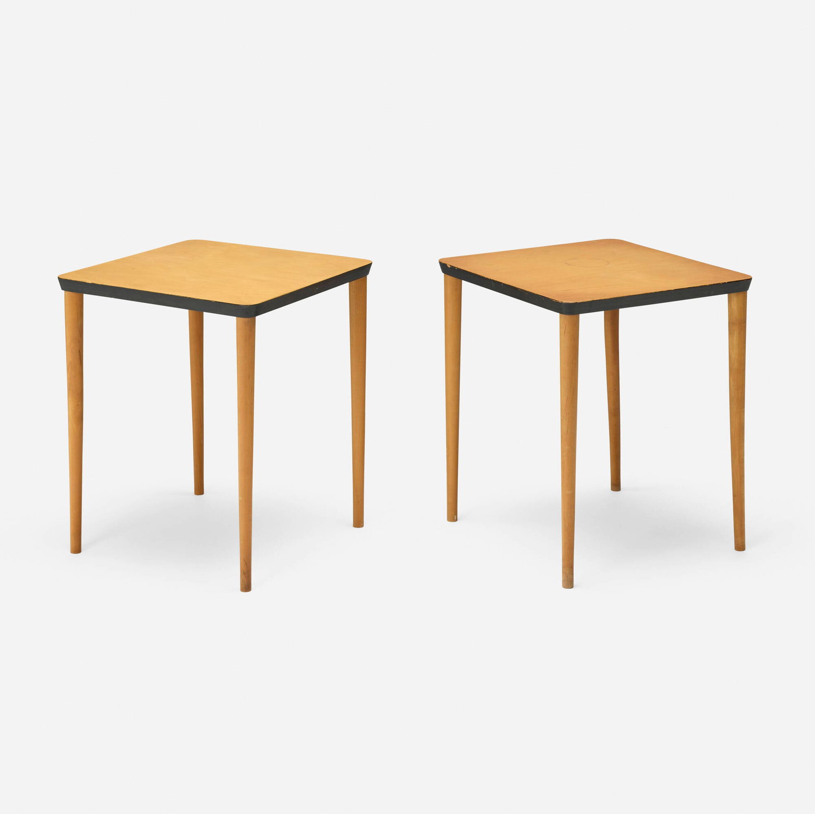 Franziska Hosken, Occasional tables, pair: Franziska Hosken Occasional tables, pair Hosken Inc. USA, c. 1948 birch 16.25 h x 14 w x 14 d in (41 x 36 x 36 cm) Branded manufacturer's mark to underside of each example 'Hoske