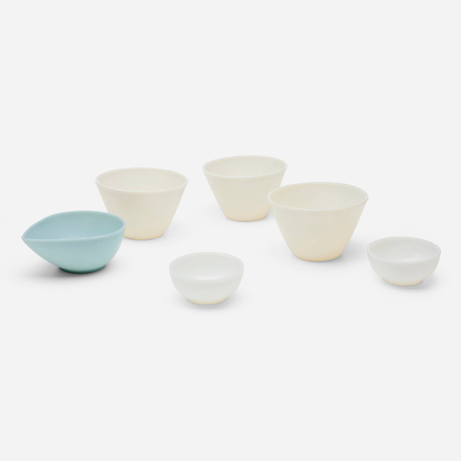 Fire-King, Collection of six bowls: Fire-King Collection of six bowls USA molded glass largest: 4.75 h x 7.5 dia in (12 x 19 cm) smallest: 2.25 h x 5 dia in (6 x 13 cm) Collection is comprised of three larger bowls, two small bowls and