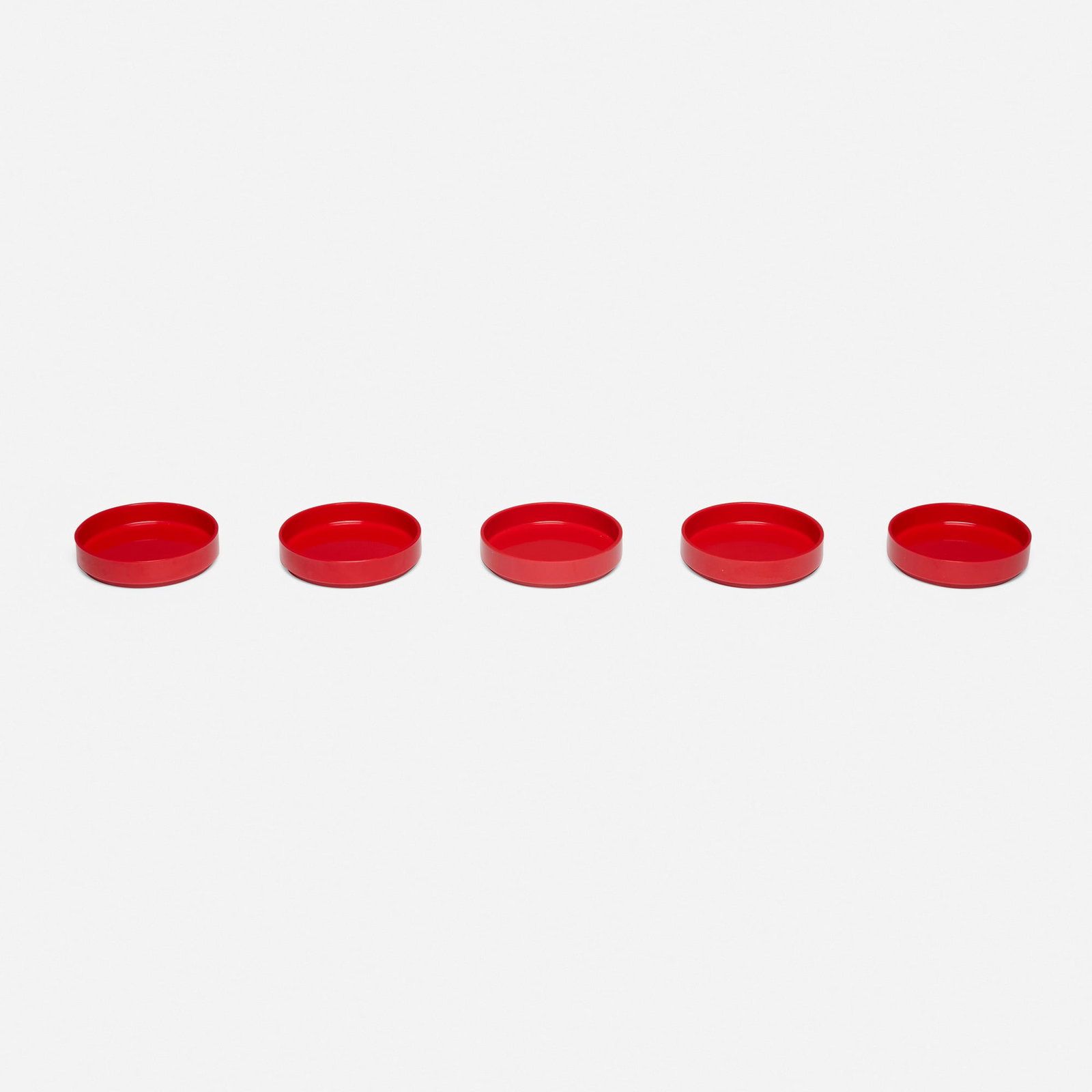 Allbricka, Small stacking bowls, set of five: Allbricka Small stacking bowls, set of five Sweden, c. 1975 melamine 0.75 h x 3.375 dia in (2 x 9 cm) Molded manufacturer's mark to underside of each example 'Melamine Made in Sweden'.