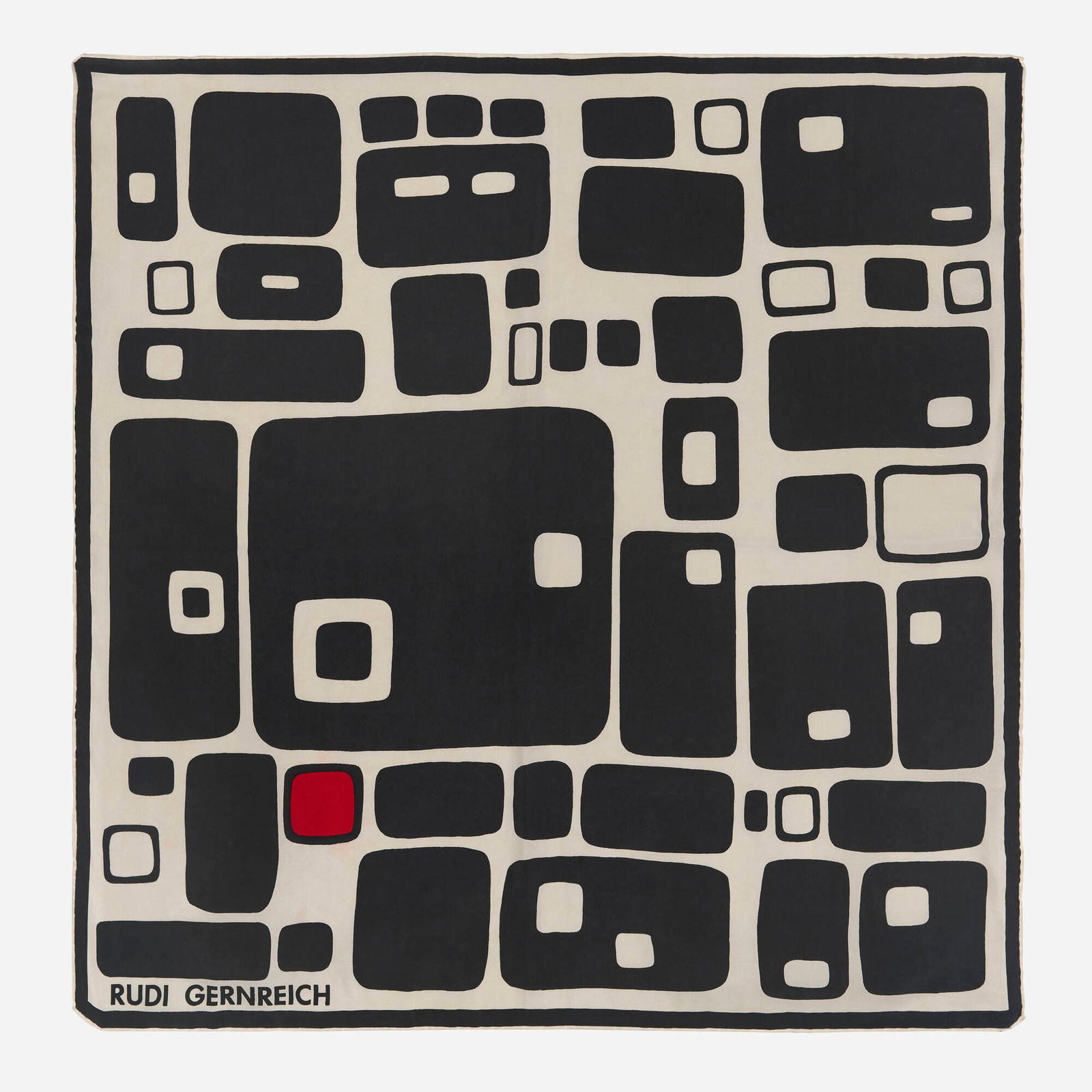 Rudi Gernreich, Scarf: Rudi Gernreich Scarf Austria, c. 1965 screenprint in colors on silk 31 h x 30.25 w in (79 x 77 cm) Printed signature to lower edge 'Rudi Gernreich'. This work will ship from Chicago,