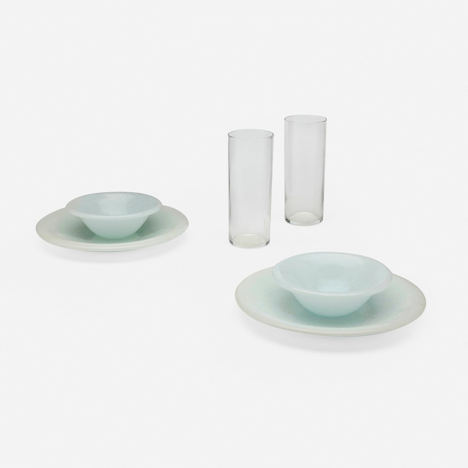Modern, Collection of tableware: Modern Collection of tableware 20th century glass bowl: 1.75 h x 5.25 dia in (4 x 13 cm) plate: 1 h x 8.5 dia in (3 x 22 cm) glass: 6 h x 2.25 dia in (15 x 6 cm) Collection is comprised o