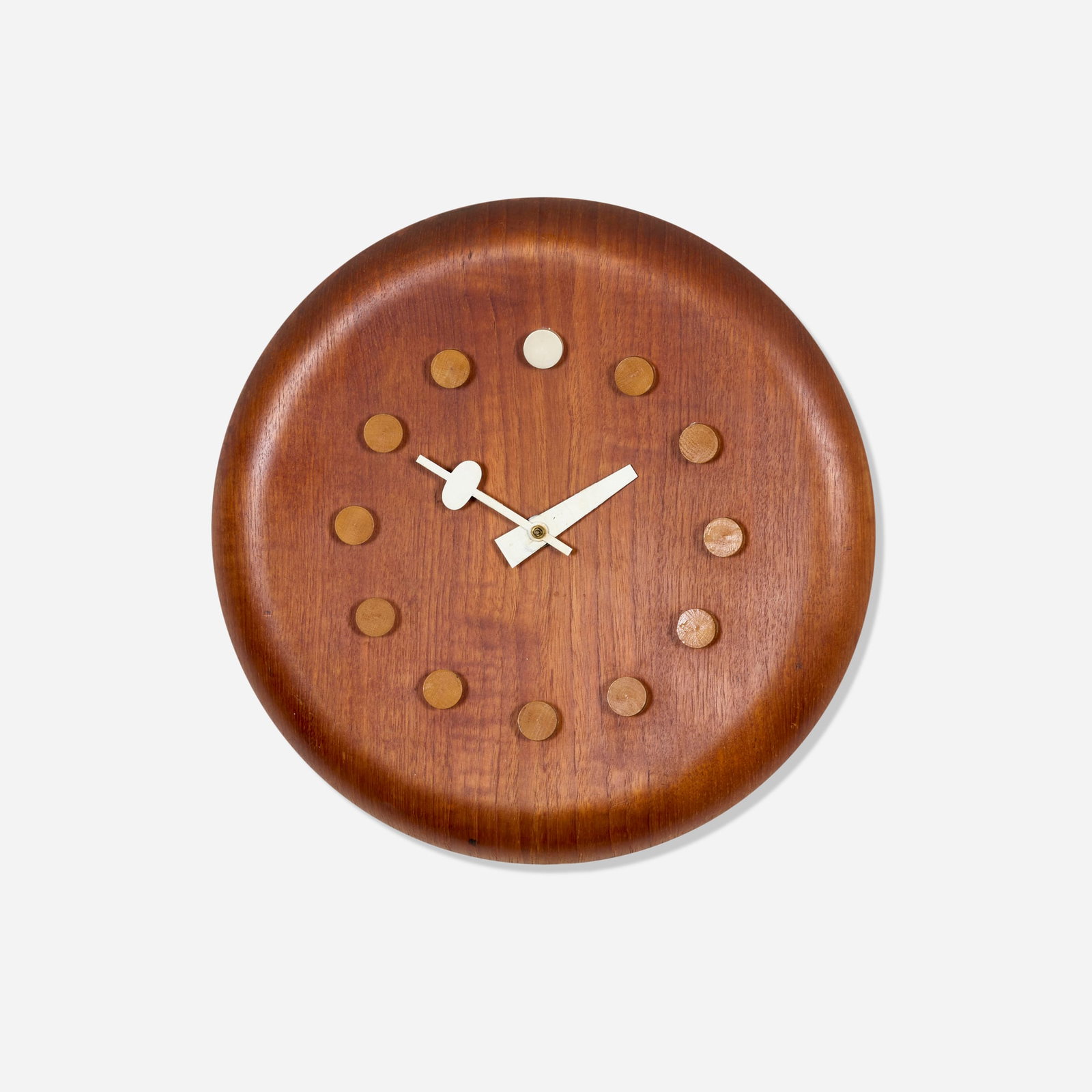 George Nelson & Associates, Stool Seat wall clock, model 7512: George Nelson & Associates Stool Seat wall clock, model 7512 Howard Miller/Fritz Hansen USA, c. 1957 teak, lacquered teak, lacquered aluminum 2.5 h x 13 dia in (6 x 33 cm) Branded manufact
