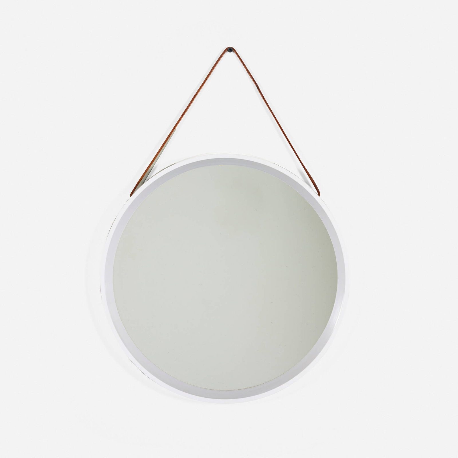 Modern, Wall-hanging mirror: Modern Wall-hanging mirror c. 1975 plastic, mirrored glass, leather 1.75 h x 15.5 dia in (4 x 39 cm) This work will ship from Chicago, Illinois.