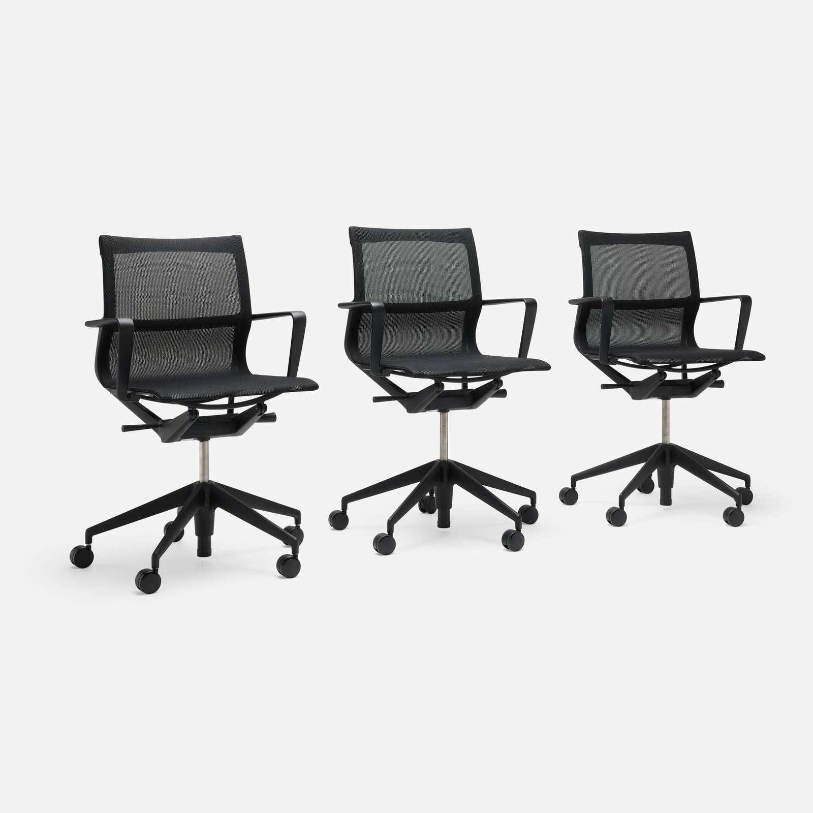 Alberto Meda, Physix swivel chairs, set of three: Alberto Meda Physix swivel chairs, set of three Vitra Italy, 2012 / 2016 enameled aluminum, polyester mesh, plastic, steel 38.5 h x 28 dia in (98 x 71 cm) Paper manufacturer's label t