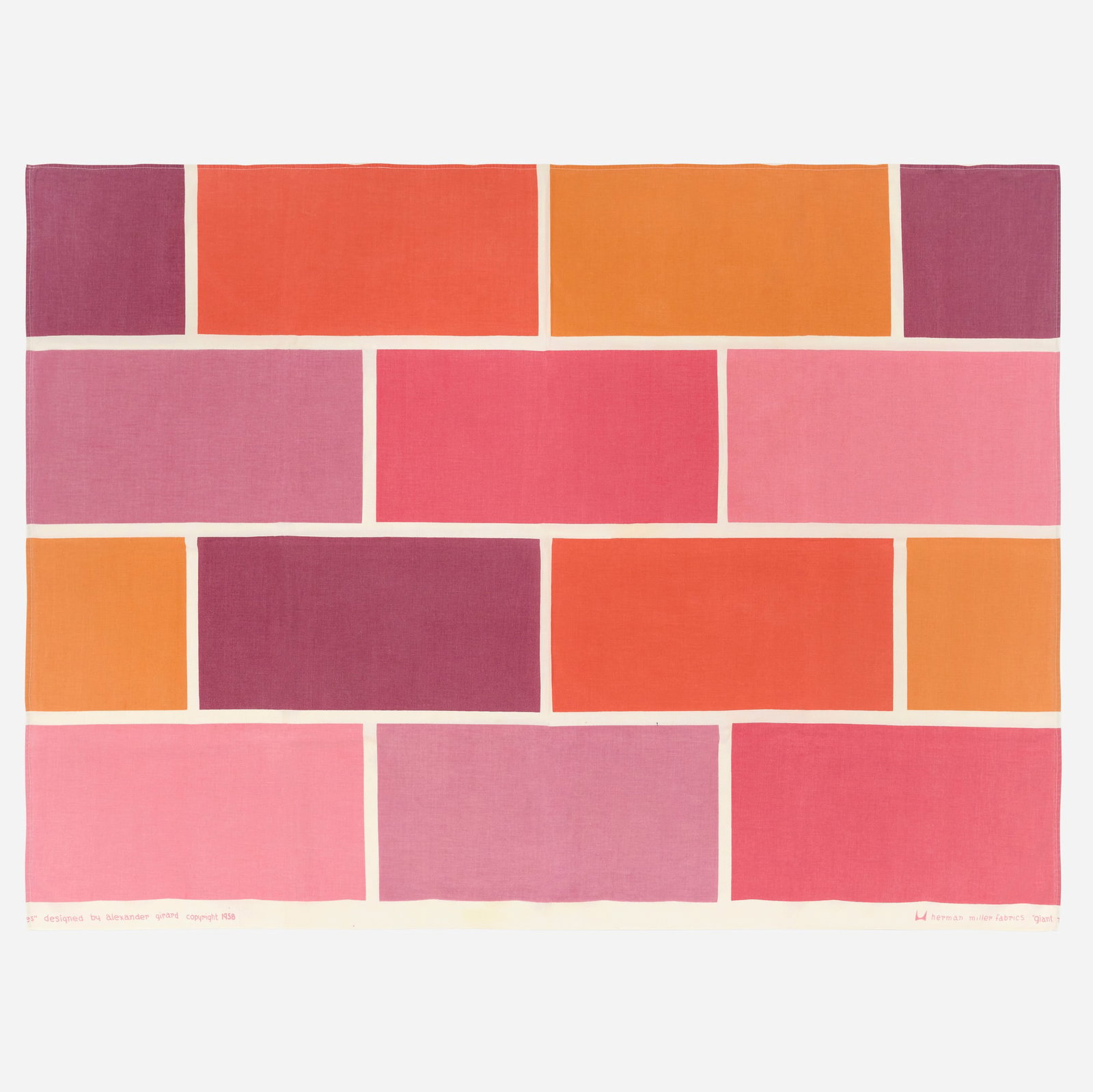 Alexander Girard, Giant Rectangles fabric: Alexander Girard Giant Rectangles fabric Herman Miller USA, 1958 screenprint in colors on linen 49 h x 65.5 w in (124 x 166 cm) Screenprinted manufacturer's mark to margin 'Herma