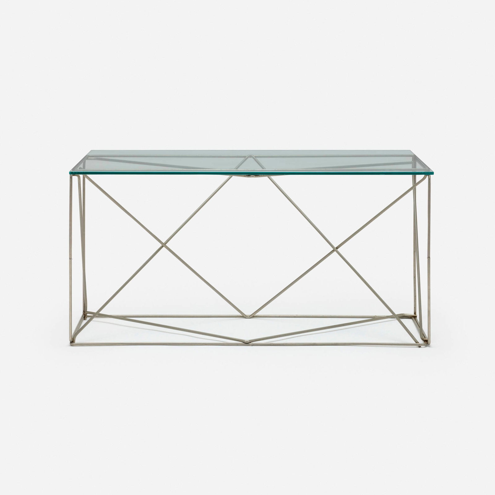 Max Sauze, Occasional table: Max Sauze Occasional table France, c. 1970 matte chrome-plated steel 12.125 h x 40 w x 19.5 d in (31 x 102 x 50 cm) This work will ship from Chicago, Illinois.