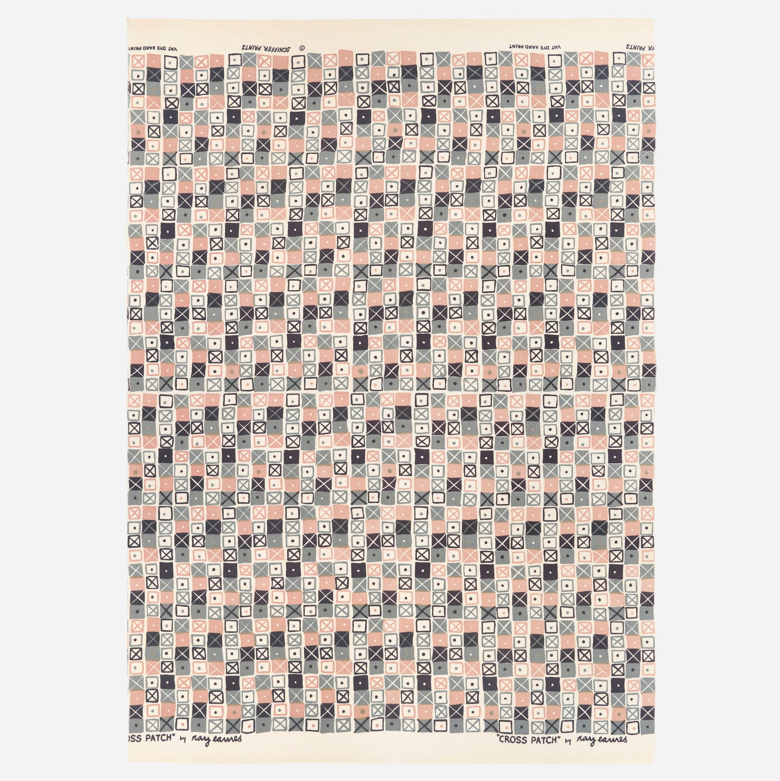 Ray Eames, Crosspatch fabric: Ray Eames Crosspatch fabric Schiffer Prints USA, c. 1945 Vat Dye Hand Print 49.75 h x 36 w in (126 x 91 cm) An example of this design is in the permanent collection of the Los Angeles County Museum
