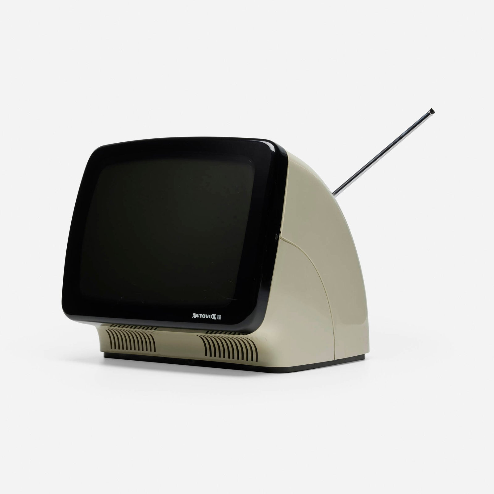 Rodolfo Bonetto, Linea 1 television: Rodolfo Bonetto Linea 1 television Autovox Italy, 1969 plastic, glass, chrome-plated brass 11.5 h x 12.5 w x 12.5 d in (29 x 32 x 32 cm) Molded manufacturer's mark to reverse 'Autovox Linea
