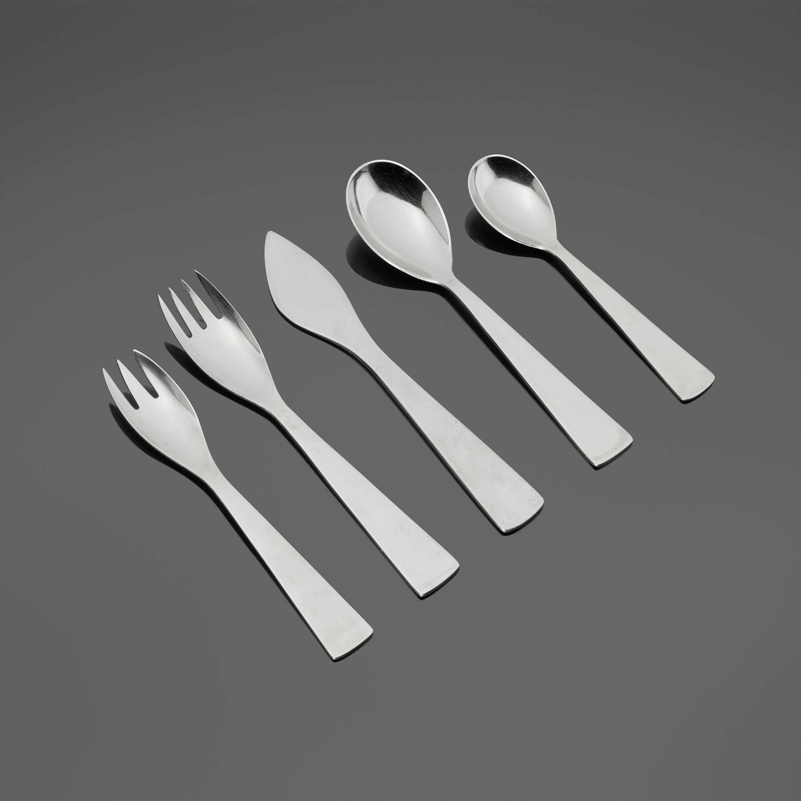 Gio Ponti, Domus flatware service: Gio Ponti Domus flatware service Krupp, imported by Fraser's Italy, 1955 stainless steel Four-piece service for eleven, with additional utensils; fifty-six pieces total. Impressed manufacture