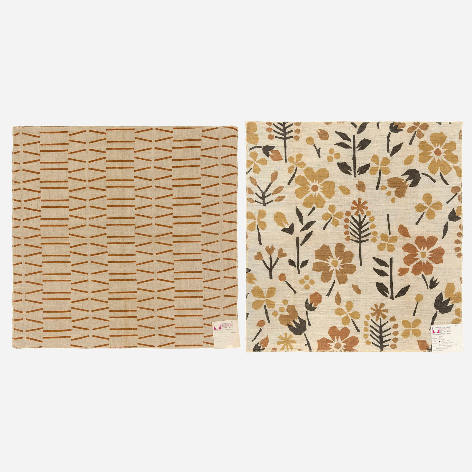 Alexander Girard, Fabric, set of two: Alexander Girard Fabric, set of two Herman Miller USA, 1964, 1969 screenprint in colors on fabric 23.5 h x 23 w in (60 x 58 cm) Lot is comprised of Flores and Broken Lines