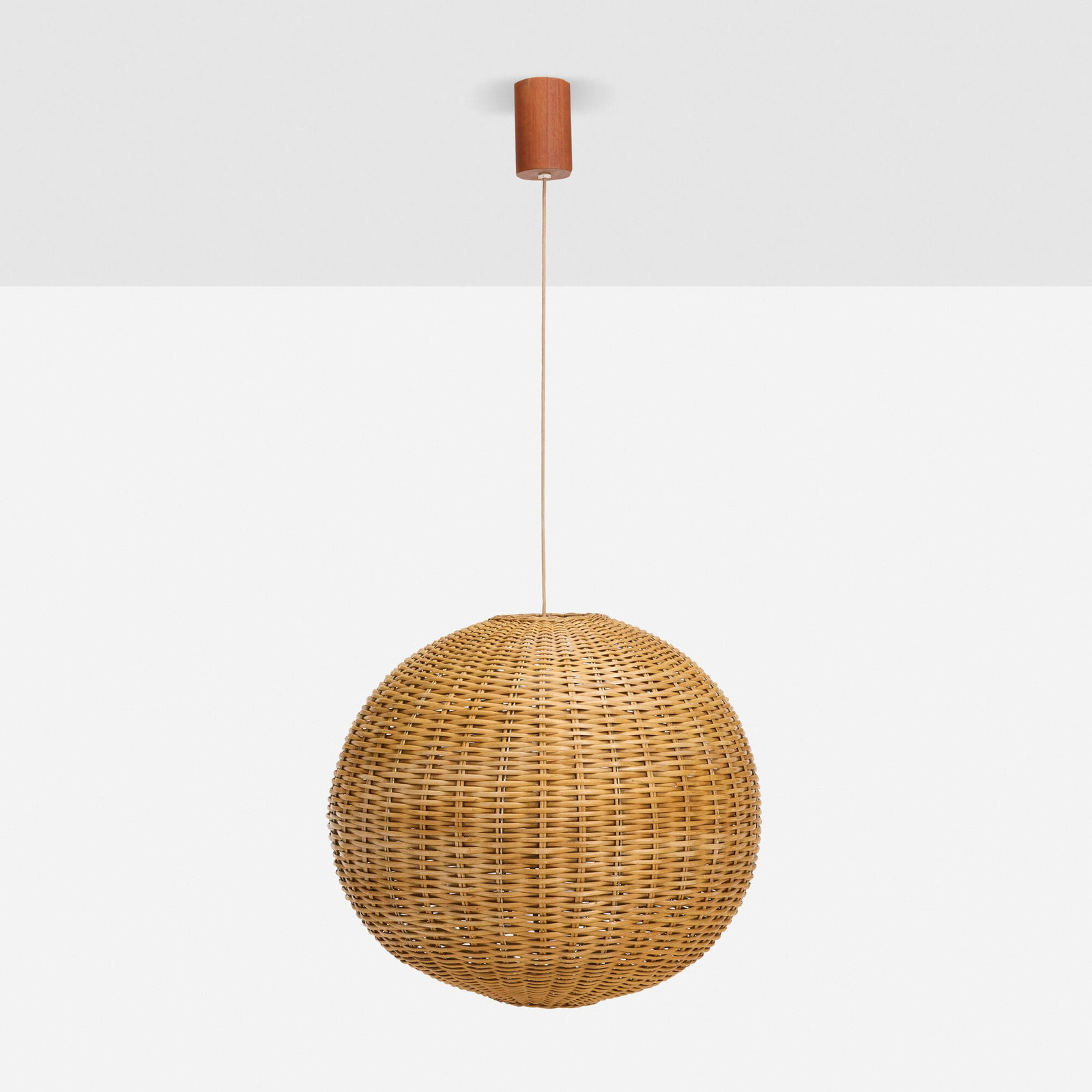 Modern, Hanging lamp: Modern Hanging lamp 20th century rattan, teak 20.25 h x 24 dia in (51 x 61 cm) This work will ship from Chicago, Illinois.