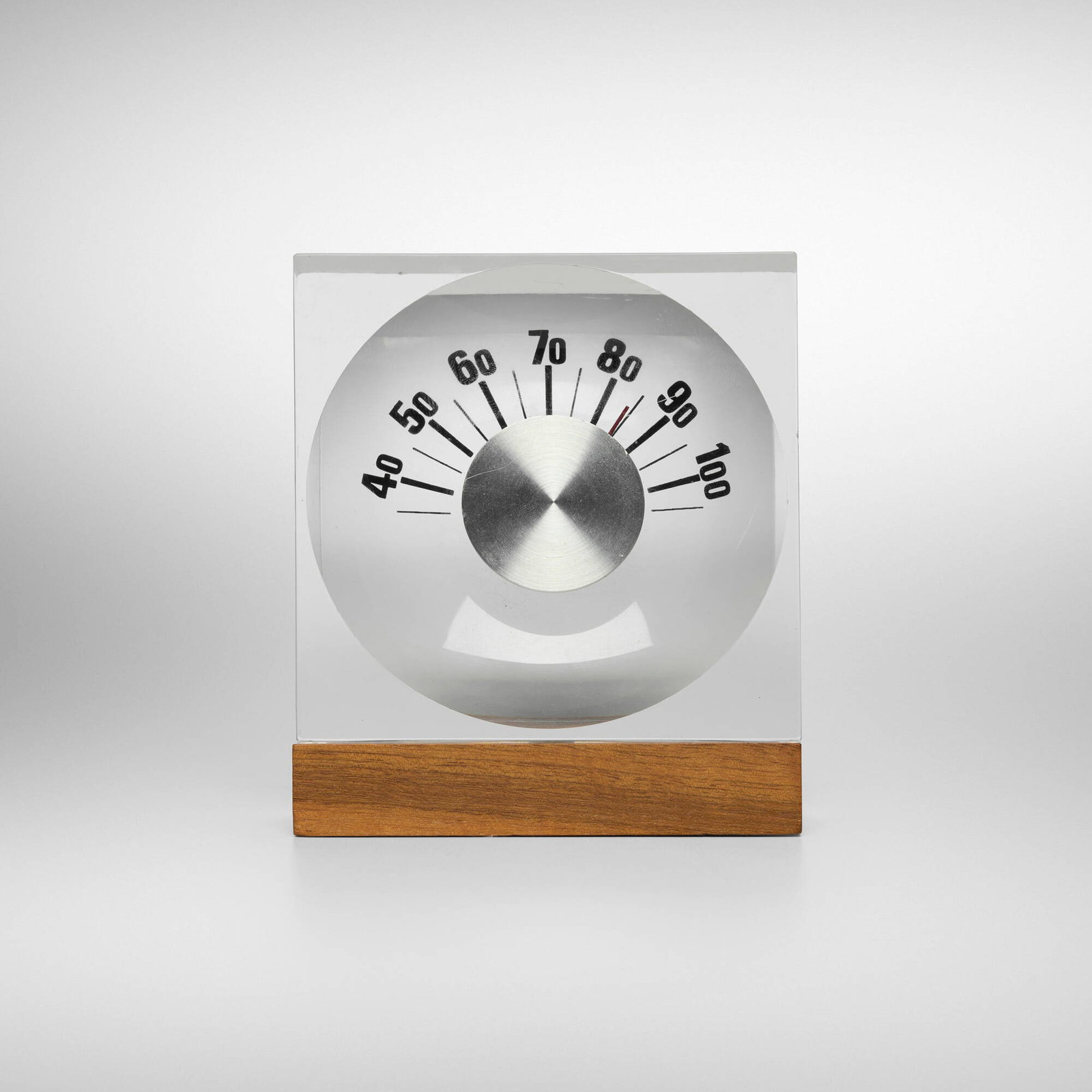 Modern, Desk thermometer: Modern Desk thermometer c. 1970 screen-printed acrylic, walnut, aluminum 5 h x 4.125 w x 2.5 d in (13 x 10 x 6 cm) This work will ship from Chicago, Illinois.
