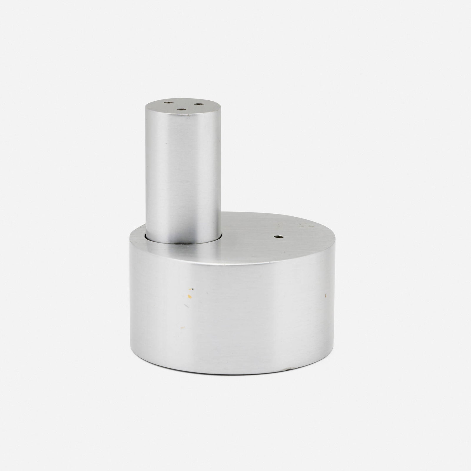 Pierre Vandel, Salt and pepper shakers: Pierre Vandel Salt and pepper shakers France, c. 1975 aluminum 2.5 h x 2 dia in (6 x 5 cm) Decal manufacturer's label to underside of pepper shaker 'Pierre Vandel Made in France'. This