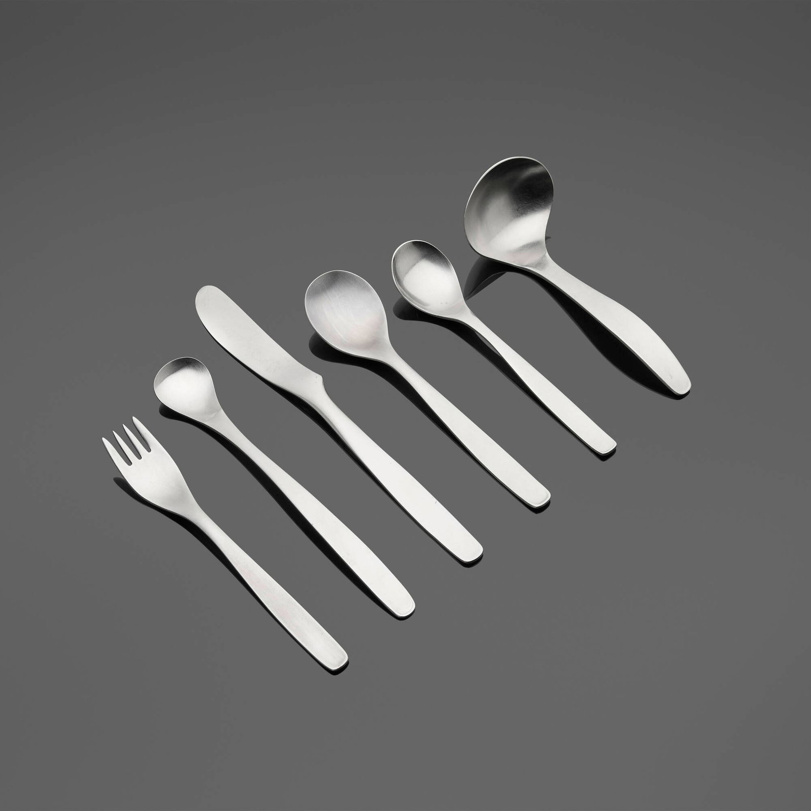 Russel Wright, Pinch flatware service: Russel Wright Pinch flatware service Hull USA, 1950 stainless steel Two-piece service for four, with additional utensils; forty pieces total. Literature: Collector's Encyclopedia of Russel