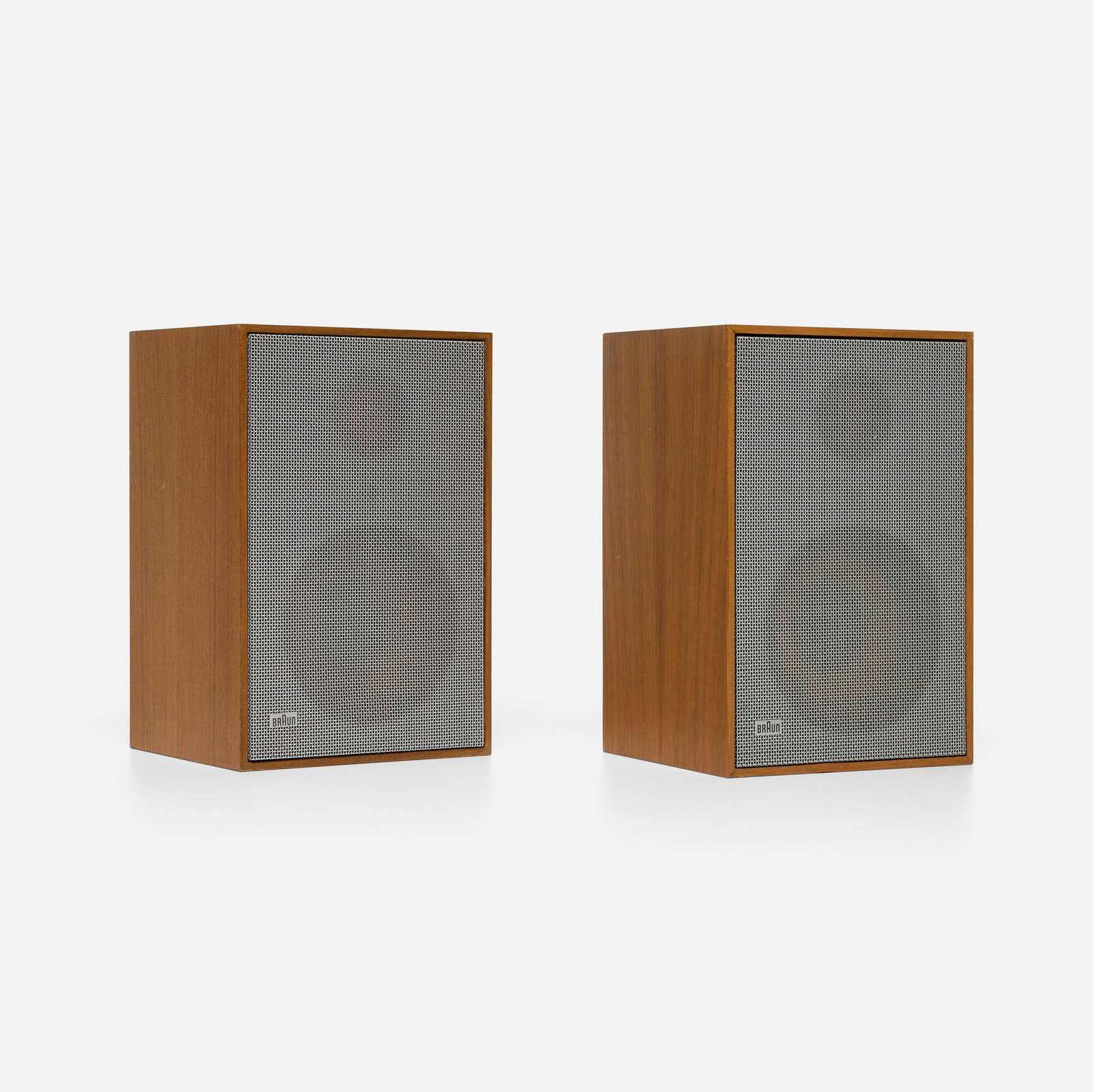 Dieter Rams, Speakers model L 300, pair: Dieter Rams Speakers model L 300, pair Braun AG Germany, 1965 teak, aluminum mesh 9.5 h x 6.25 w x 5.625 d in (24 x 16 x 14 cm) Aluminum manufacturer's label to reverse of each example