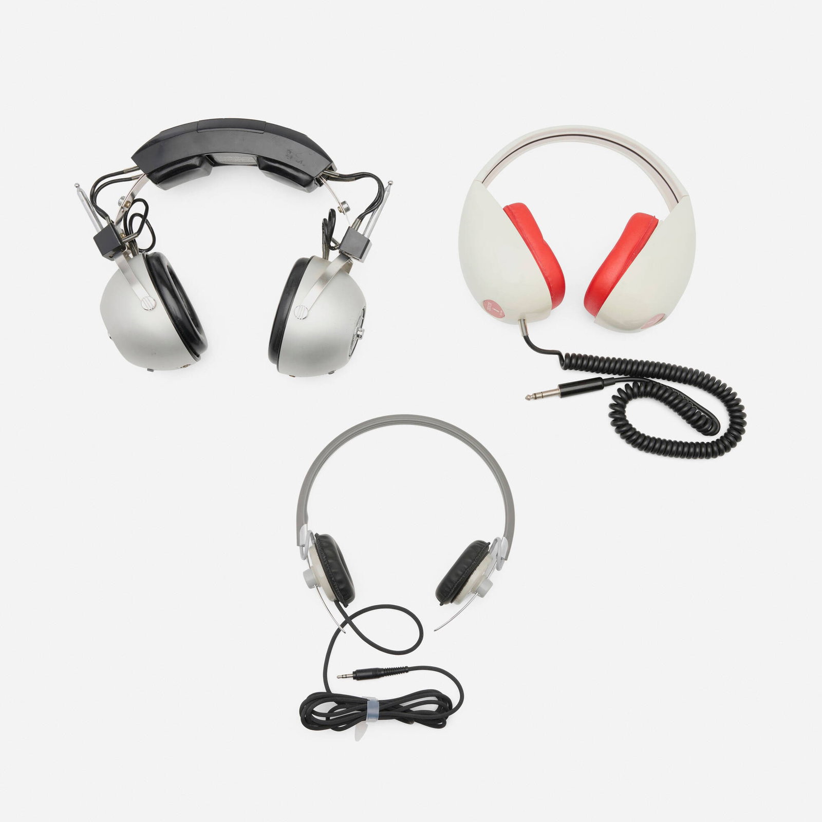 Modern, Collection of three headphones: Modern Collection of three headphones c. 1955, 1970, 1973 plastic, chrome-plated steel, aluminum, vinyl, chrome-plated brass, rubber 9 h x 11.25 w x 3.875 d in (23 x 29 x 10 cm) 7.4 h x 8.25 w x 3.