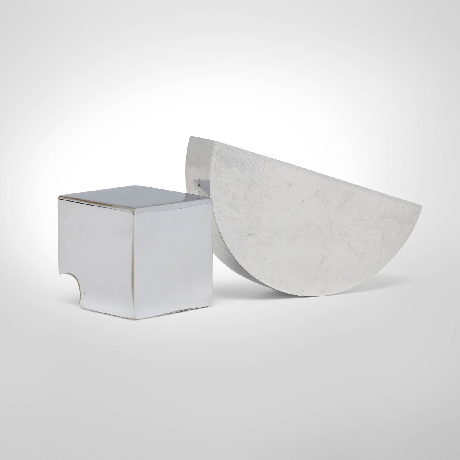 Paul Mayen, Miniature holiday greeting sculptures: Paul Mayen Miniature holiday greeting sculptures c. 1950 polished stainless steel, polished aluminum 1 h x 1 w x 1 d in (3 x 3 x 3 cm) 1.125 h x 2.25 w x 0.5 d in (3 x 6 x 1 cm) Sculptures each
