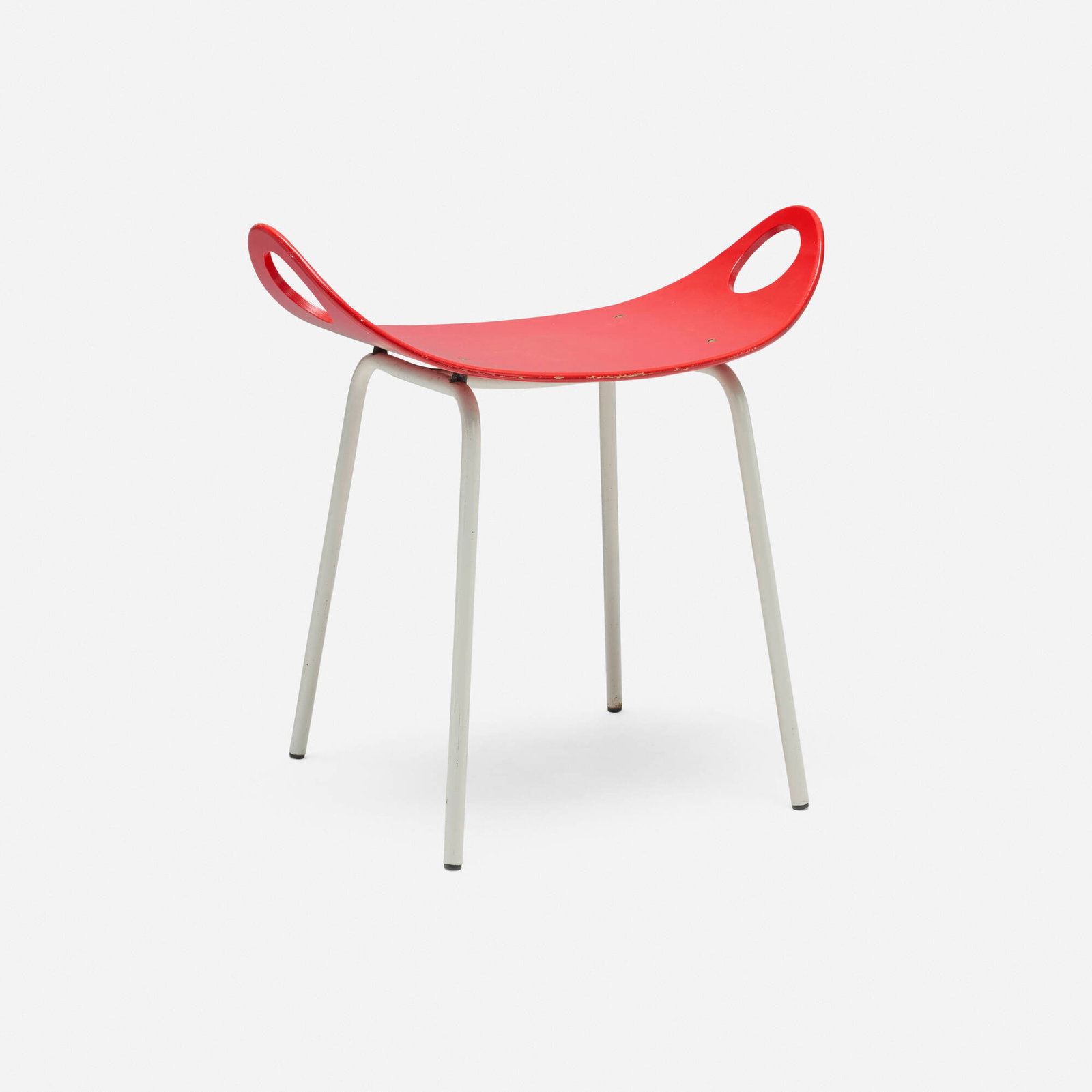 Olavi Kettunen, Stool, model 702: Olavi Kettunen Stool, model 702 J. Merivaara Oy Finland, c. 1955 lacquered molded plywood, enameled steel, rubber 20.25 h x 21.25 w x 13.75 d in (51 x 54 x 35 cm) Literature: Stools from the JF Chen