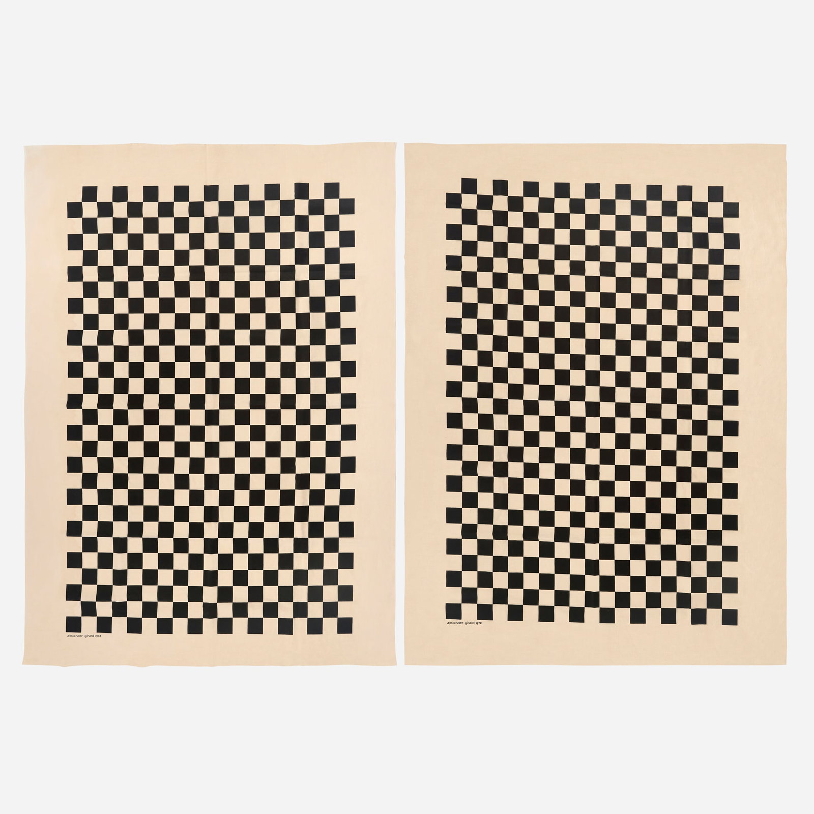 Alexander Girard, Checker fabric, set of two: Alexander Girard Checker fabric, set of two USA, 1972 screenprint in colors on linen textile: 69 h x 49.5 w in (175 x 126 cm) image: 60 h x 38.5 w in (152 x 98 cm) Screenprinted signature and date to
